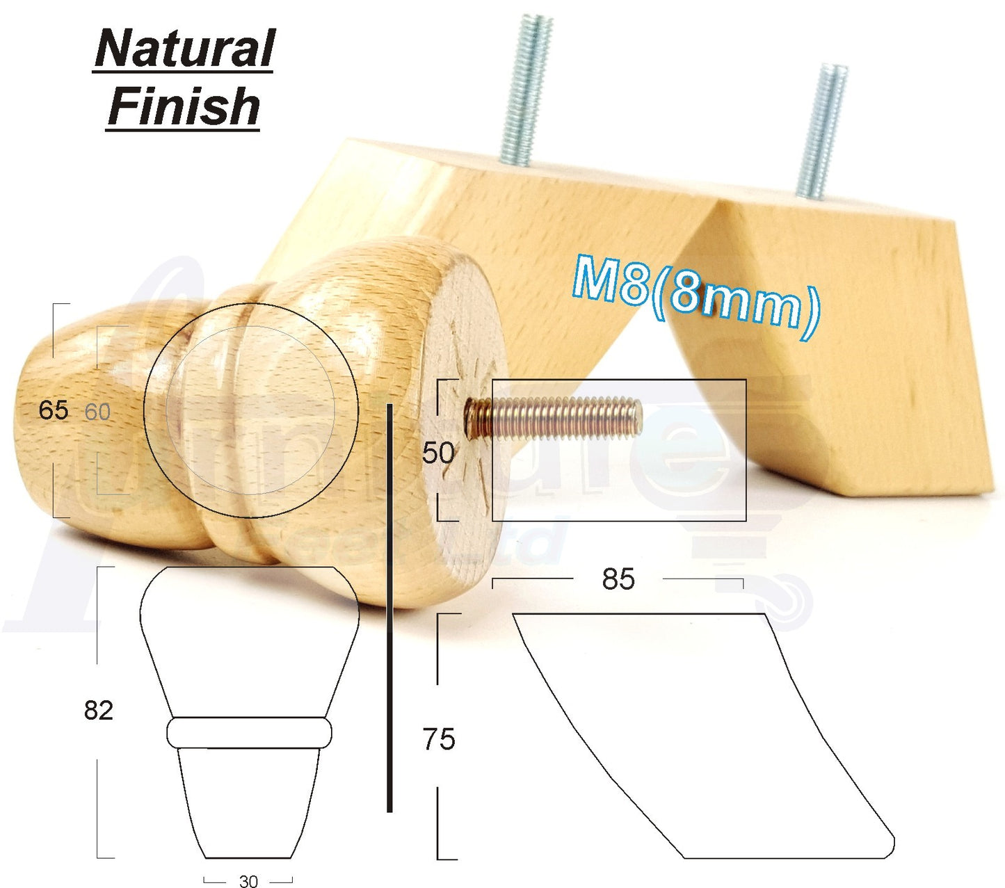 Set Of 2 Turned Wood Repacement Furniture Legs & 2 Curved Back Feet 8mm Thread