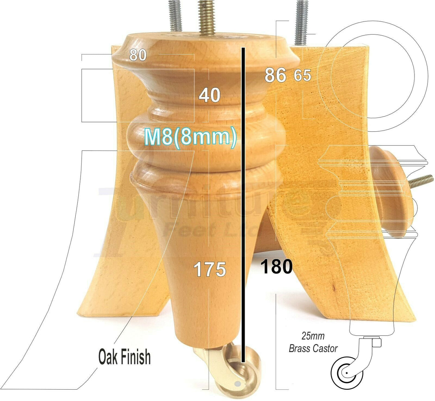 2x Turned & 2x Curved Back Wooden Feet Replacement Furniture Legs 180mm M8(8mm)