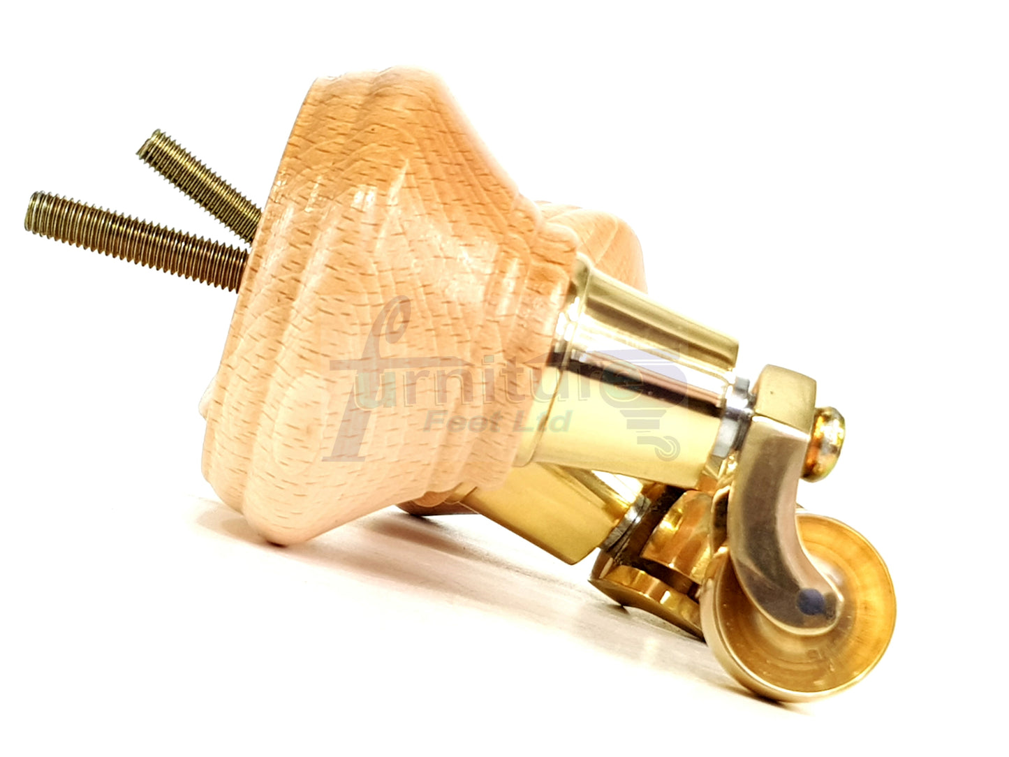 4x Natural Wooden Furniture Sofa Legs M8 With Brass Castors Replacment Chair Settee Feet 115mm - 125mm High