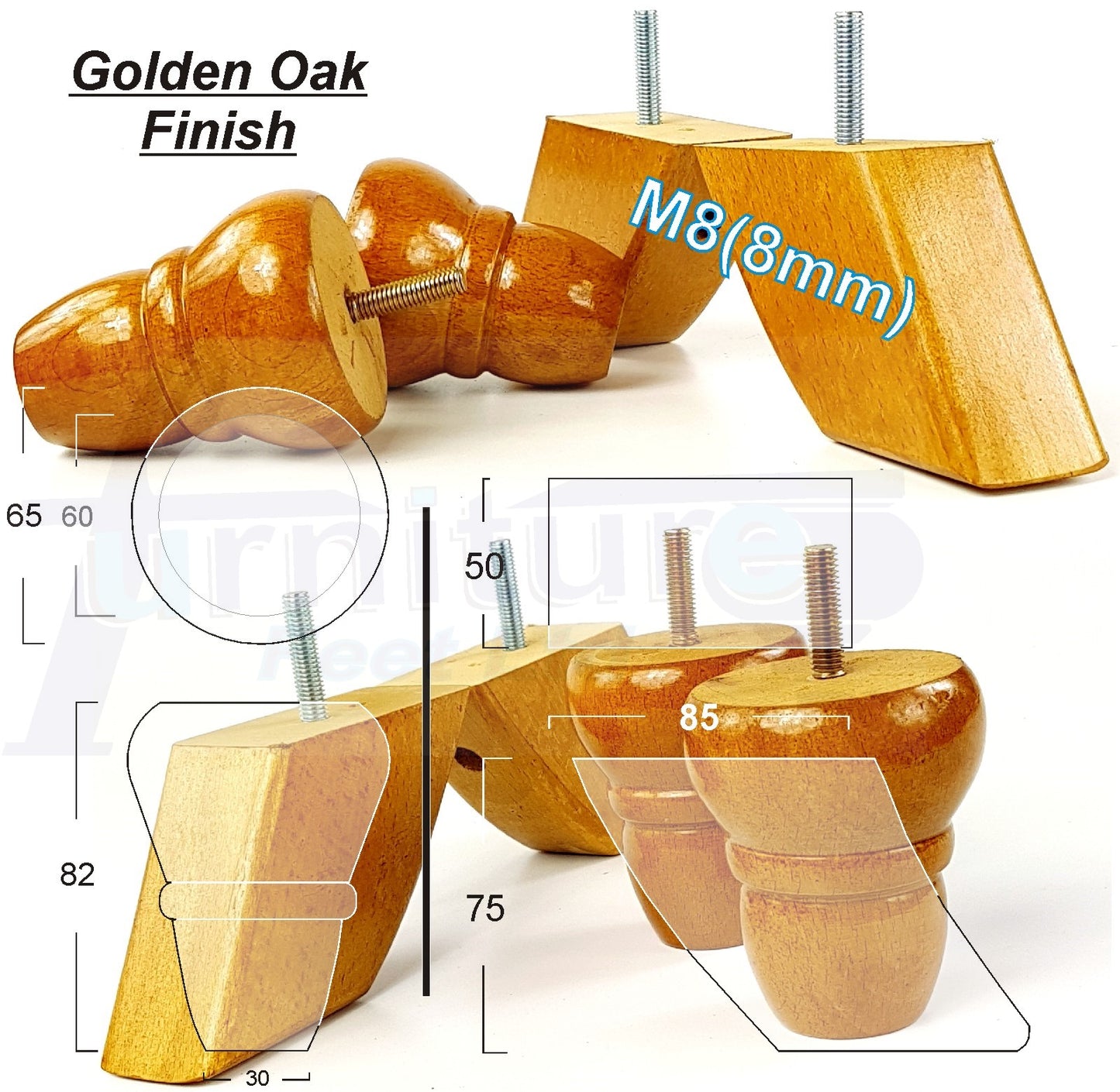 Set Of 2 Turned Wood Repacement Furniture Legs & 2 Curved Back Feet 8mm Thread
