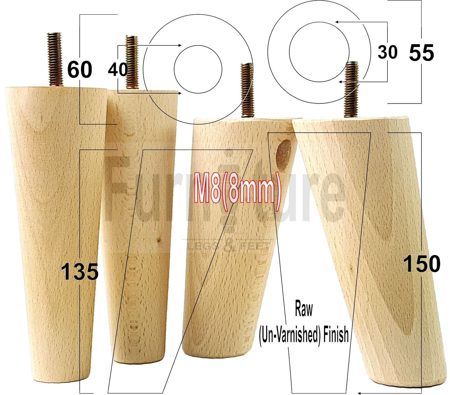 4 Solid Wood Turned Furniture Feet Replacement Mid Centry 2 Angled Retro Legs 135mm High 2 Straight At 150mm M8 Sofa Chairs Stools Cabinets Beds