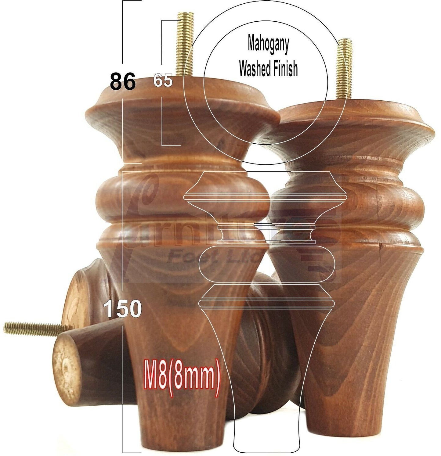 4x Turned Furniture Legs 150mm High M8(8mm) Replacement Feet