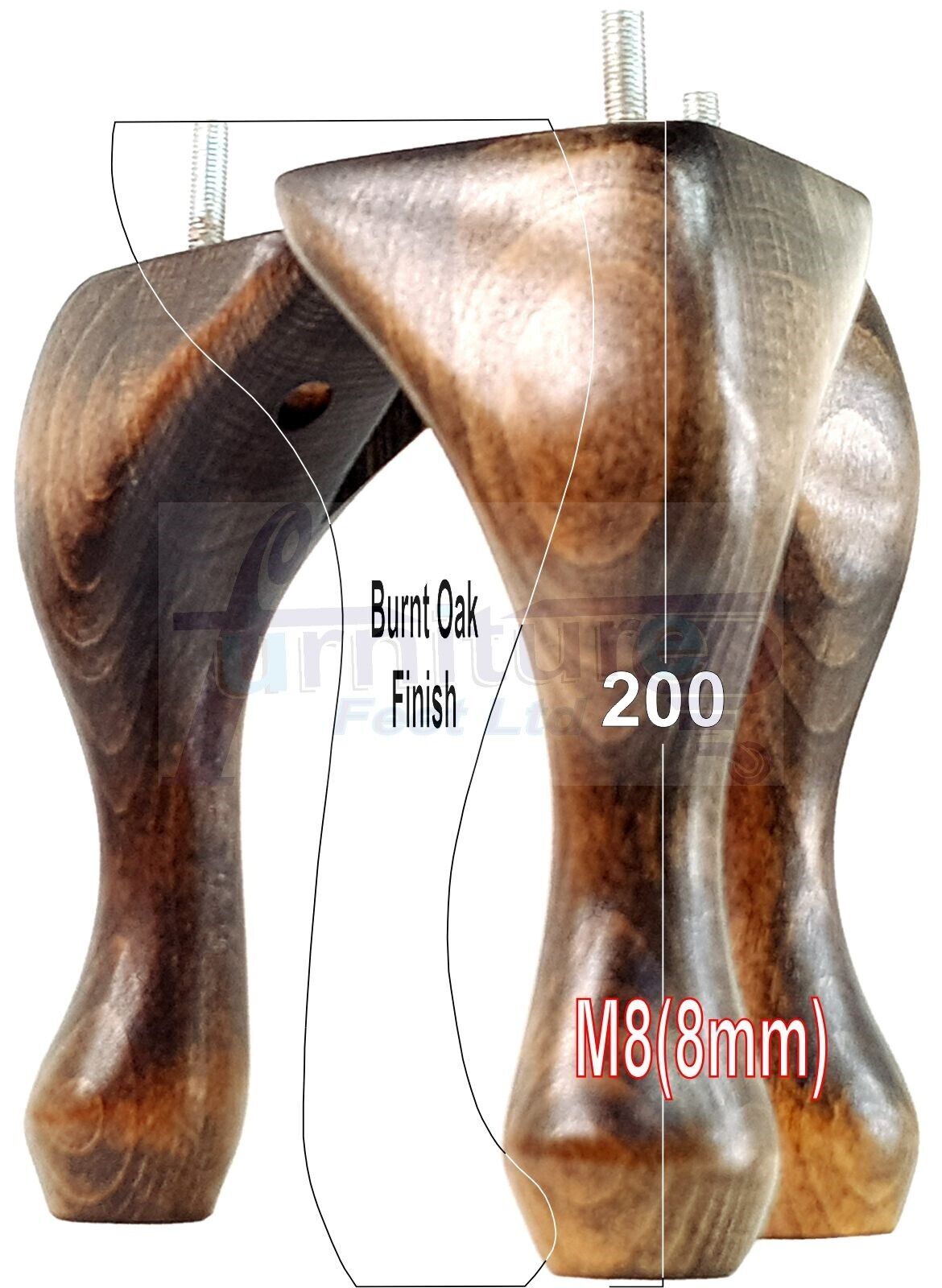 4 Solid Wood Furniture Feet 200mm High Vintage Queen Anne Replacement Legs M8 8 Inches