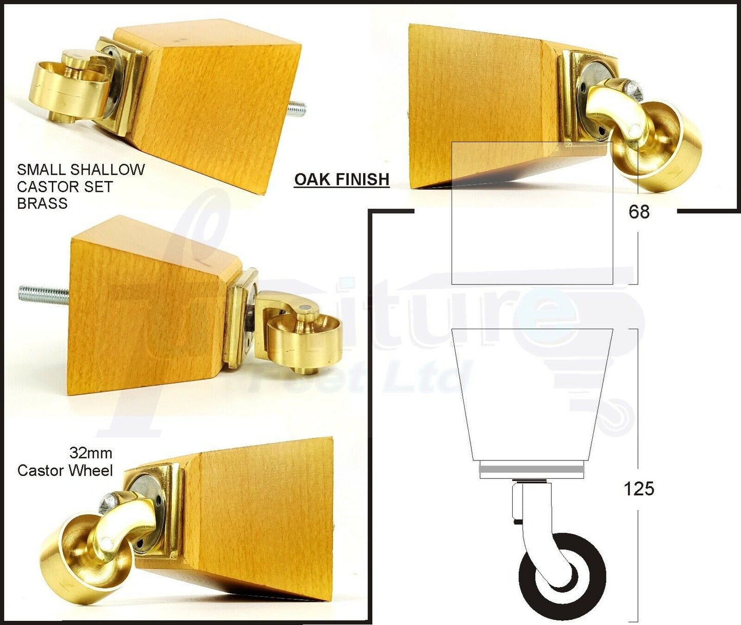 Set Of 4 Wooden Turned Replacement Furniture Legs 125mm High With Brass Castor Wheels 8mm Thread