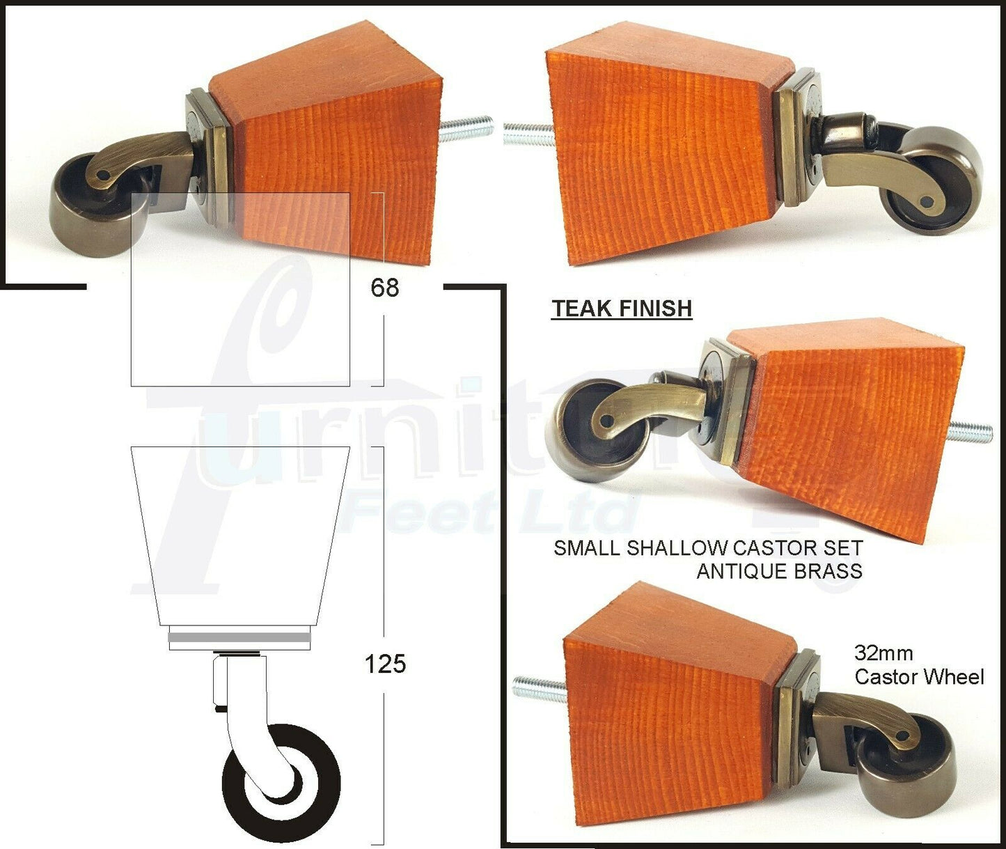 Set Of 4 Wooden Turned Replacement Furniture Legs 125mm High With Brass Castor Wheels 8mm Thread