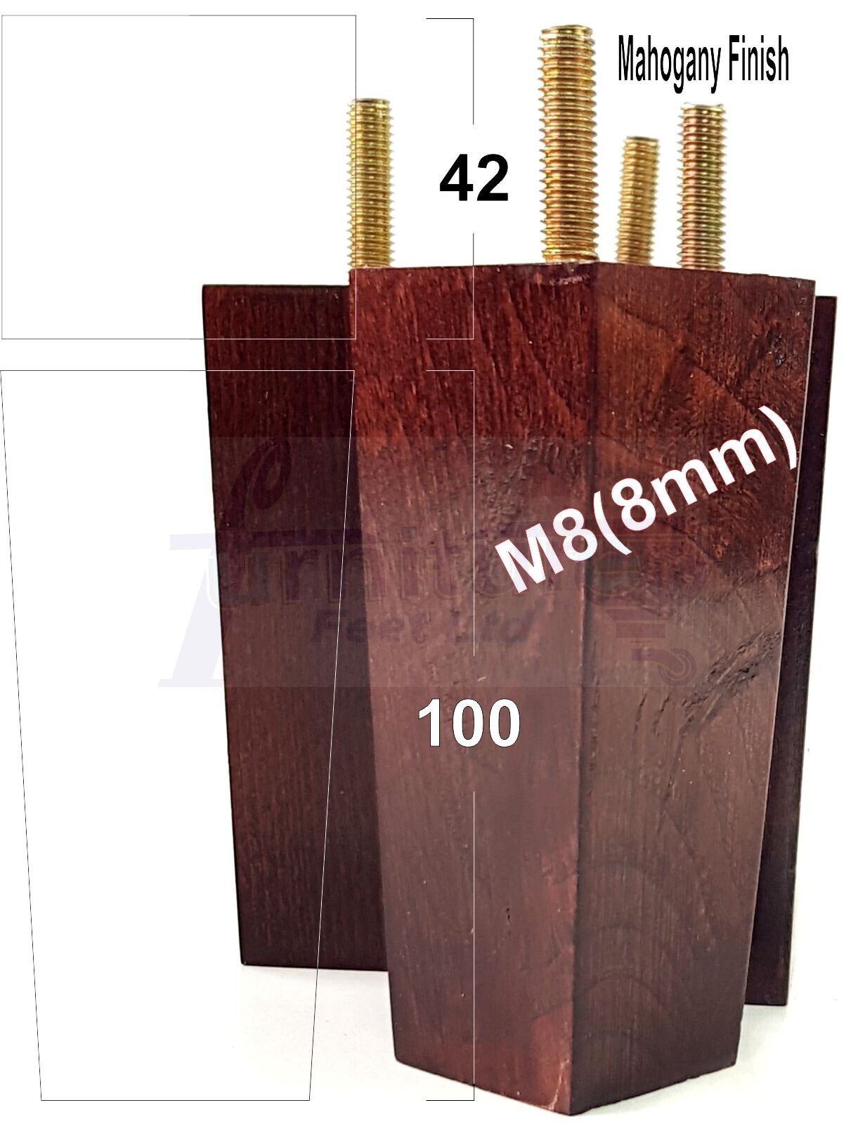 4x Solid Wood Block Furniture Legs Replacement Square Feet 100mm High M8(8mm)