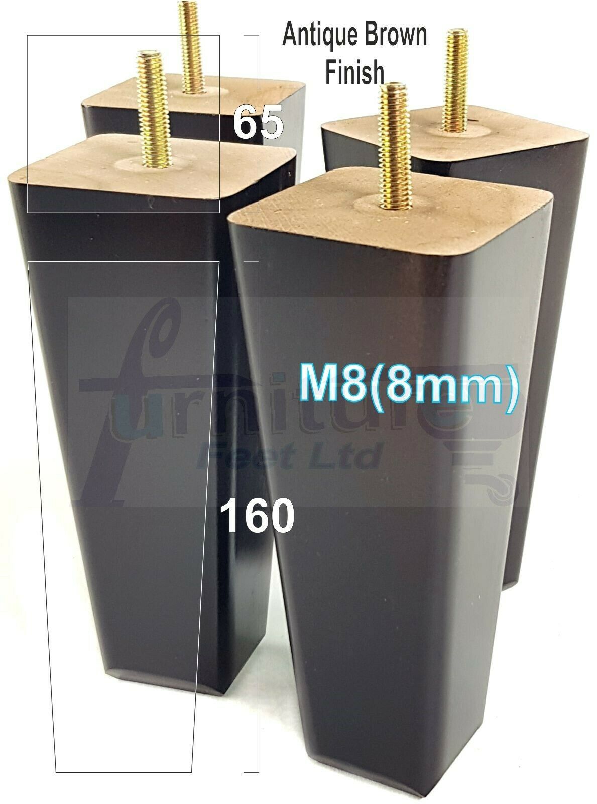4x Wooden Furniture Legs 160mm High Replacement Square Tapered Feet 8mm