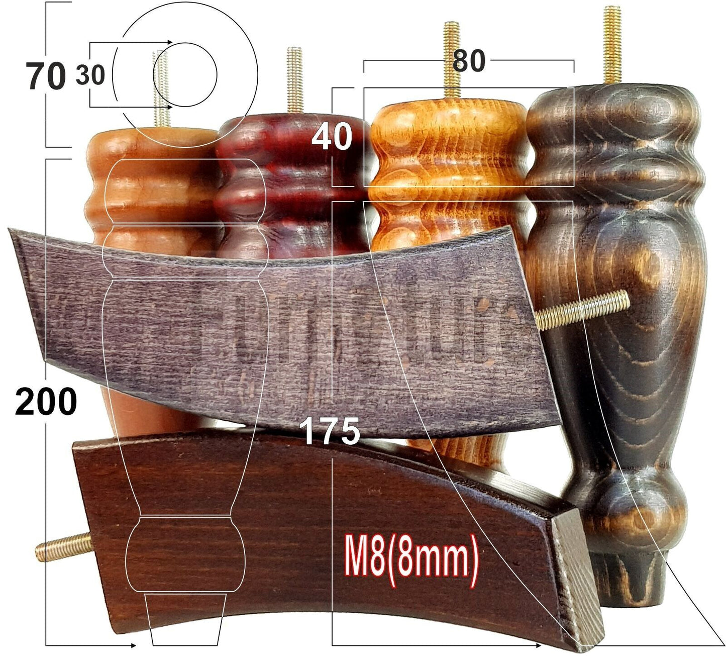 2 Turned Furniture Feet Replacement Sofa Legs 200mm & 2 Curved Back Legs 185mm for Chairs Sofa Settee Cabinets M8