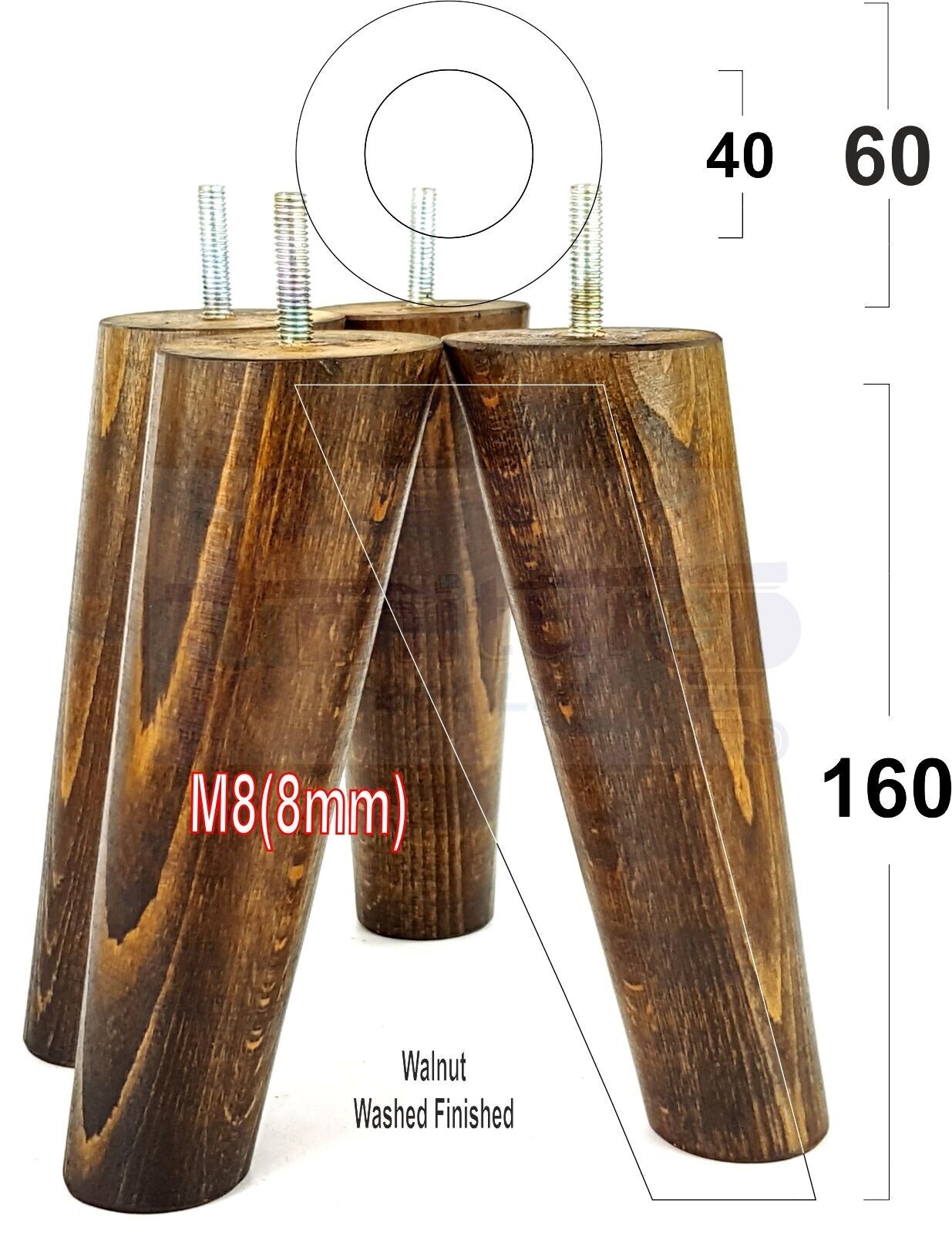 4 Solid Wood Turned Furniture Feet Replacement Mid Centry Angled Retro Legs 160mm High M8 Sofa Chairs Stools Cabinets Beds