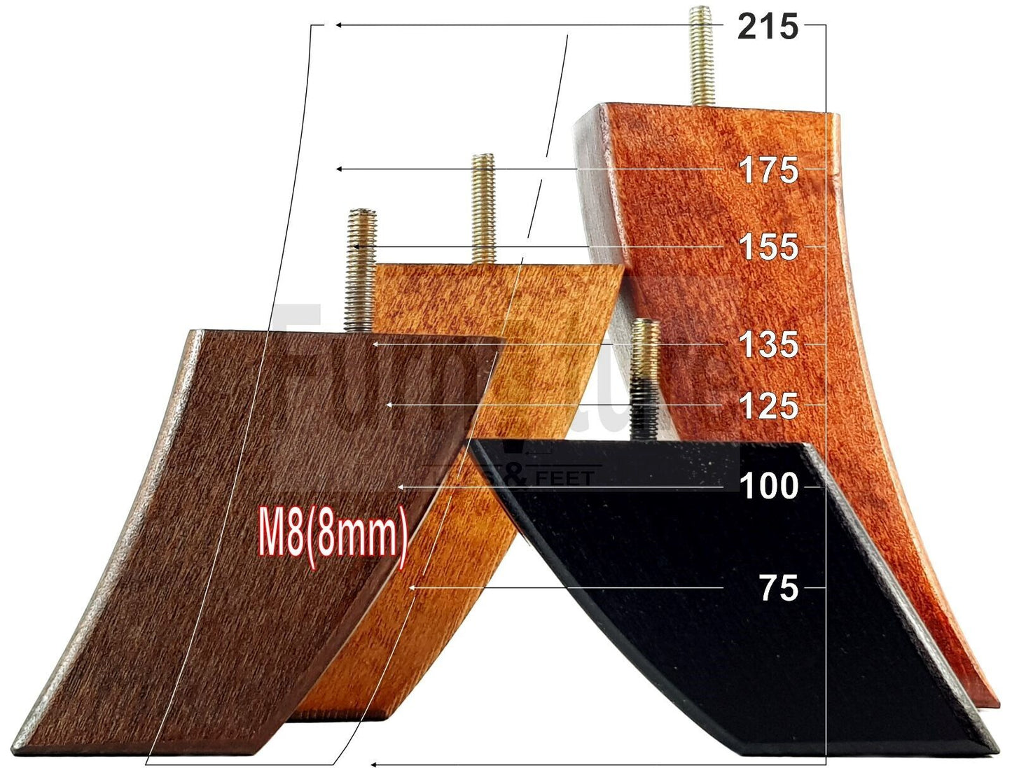 SET OF 4 WOODEN FURNITURE FEET 135mm HIGH REPLACEMENT SOFA LEGS 8mm Thread