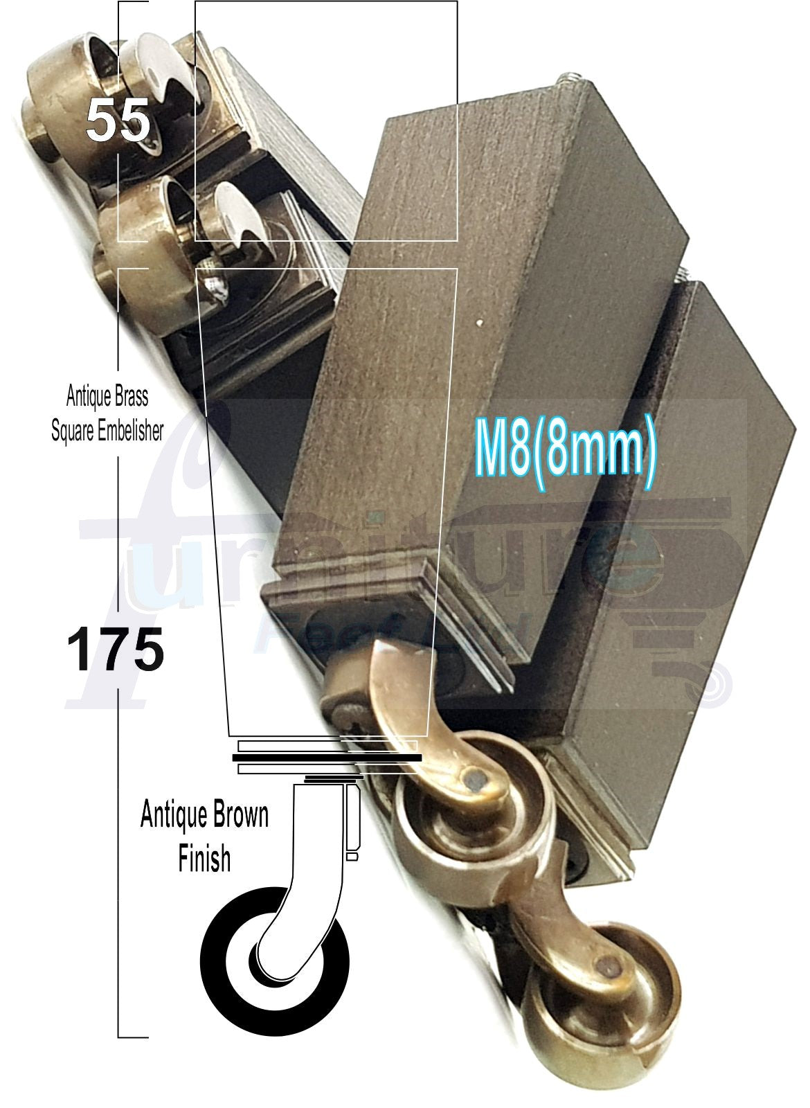 4x Solid Wood Furniture Legs Chair Sofa Bed Replacement Feet 175mm High With Antique Castors 8mm Thread