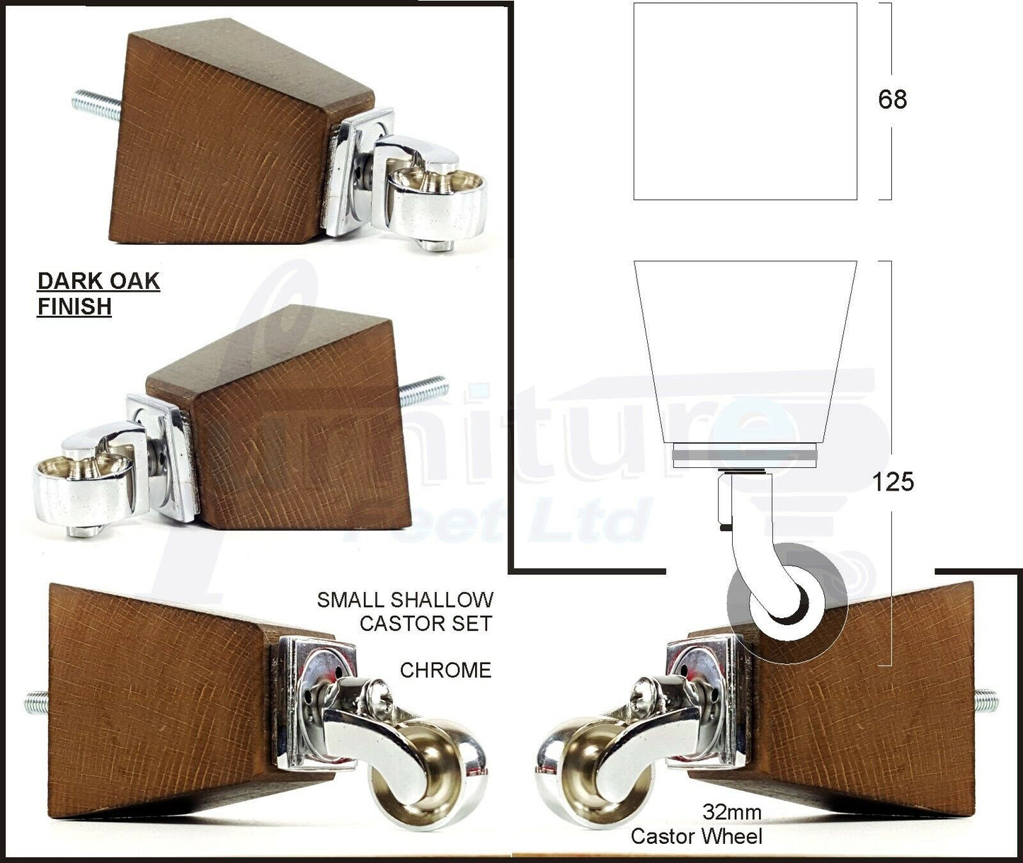 Set Of 4 Wooden Turned Replacement Furniture Legs 125mm High With Chrome Castor Wheels 8mm Thread