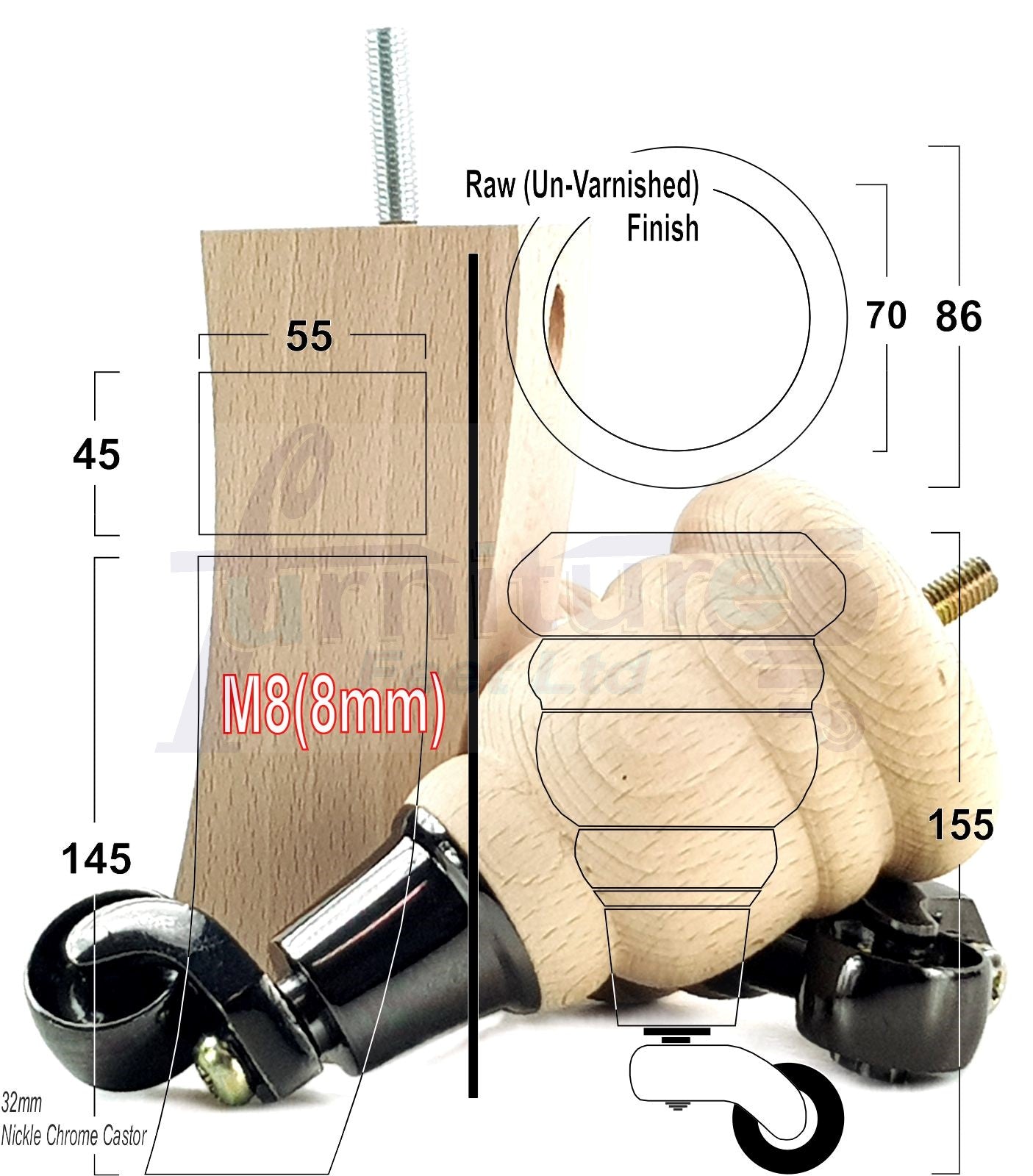 Turned Raw Solid Wood Replacement Furniture Legs 2x with Castors and 2x Curved Back Feet 8mm Dowl Fixing 6 Inches 165mm High