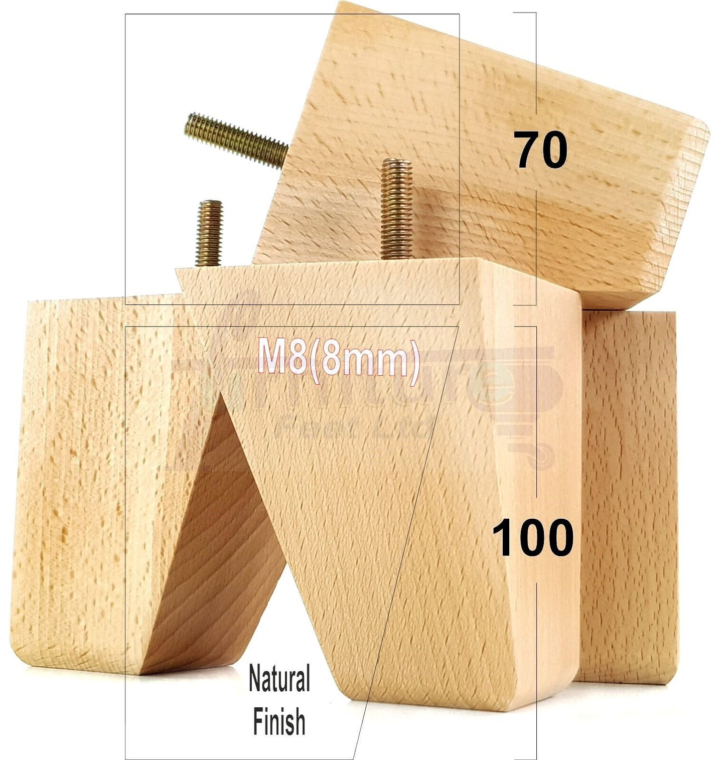 4x Angled Block Wood Sofa Legs 100mm High Replacement Furniture Feet Chairs Cabinets M8(8mm)