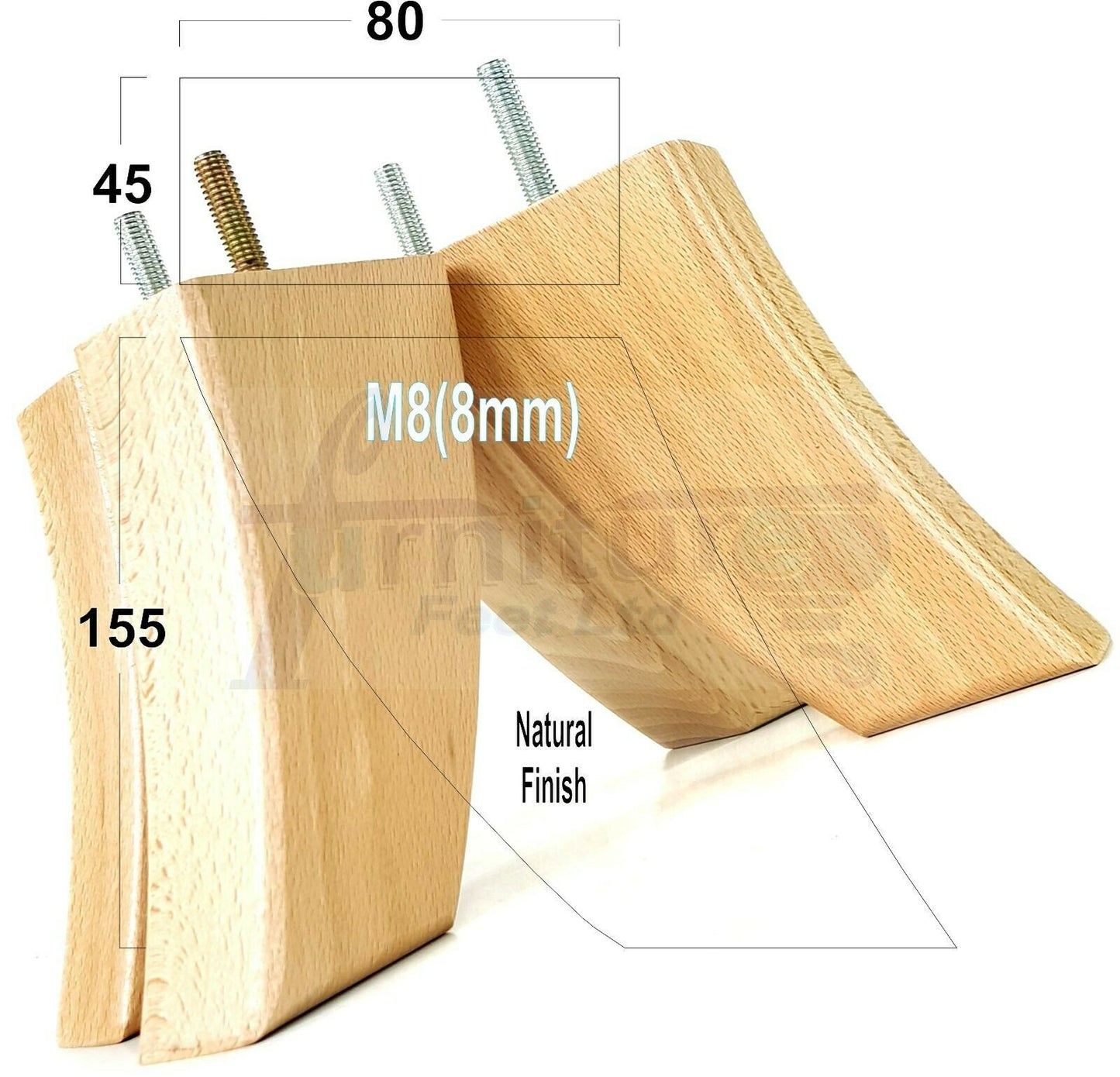 SET OF 4 WOODEN FURNITURE FEET 155mm HIGH REPLACEMENT SOFA LEGS 8mm Thread