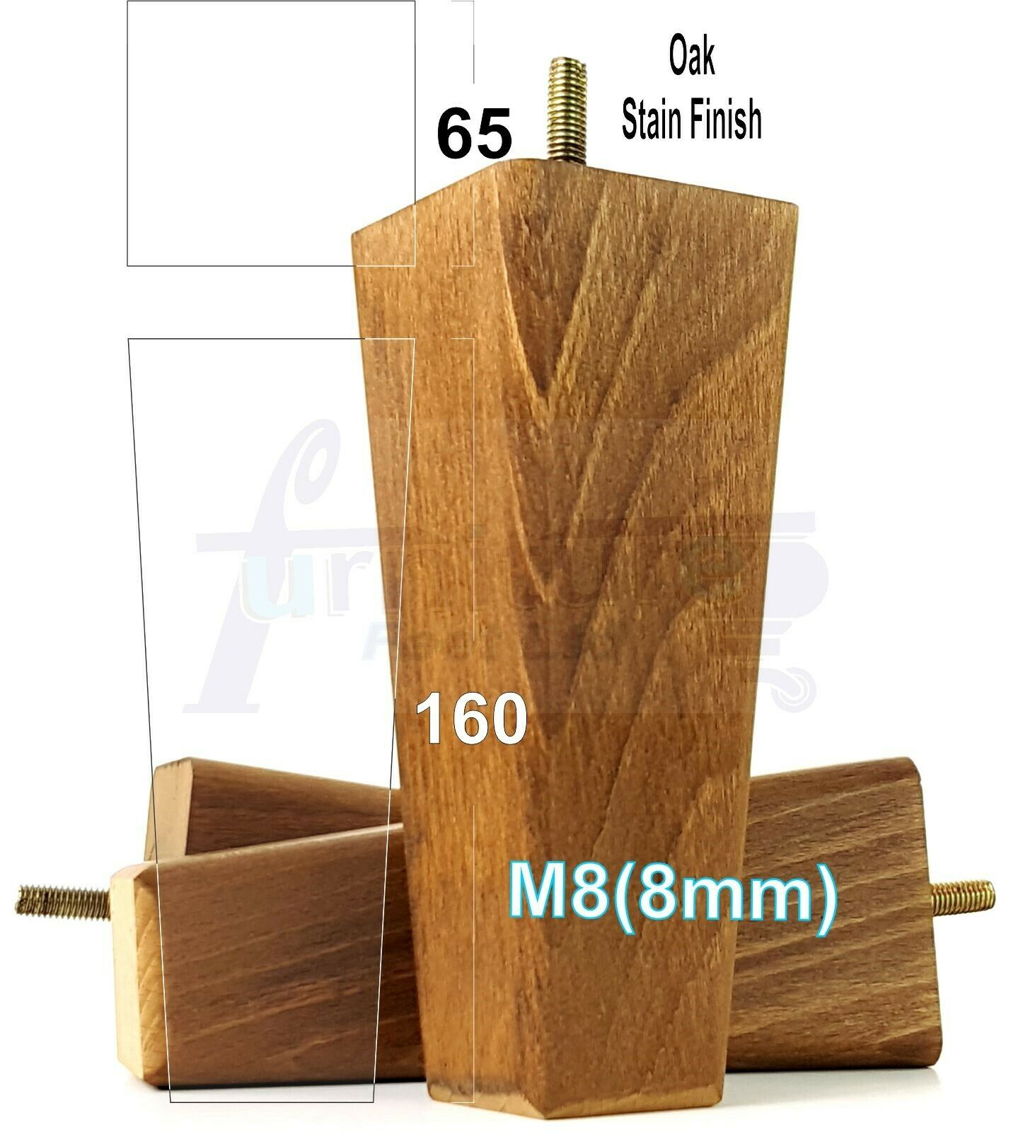 4x Wooden Furniture Legs 160mm High Replacement Square Tapered Feet 8mm