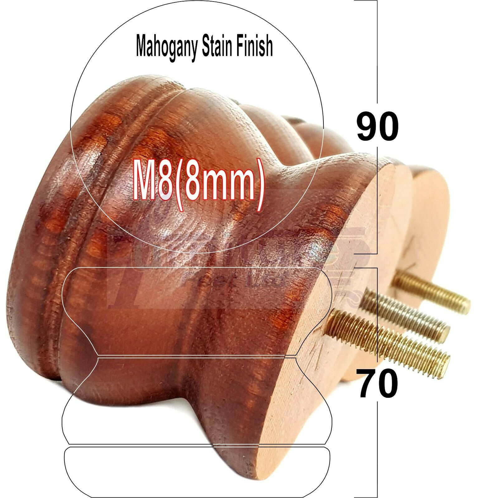 4x Turned Solid Wood Furniture Legs Replacement Bun Feet 70mm High 8mm Thread