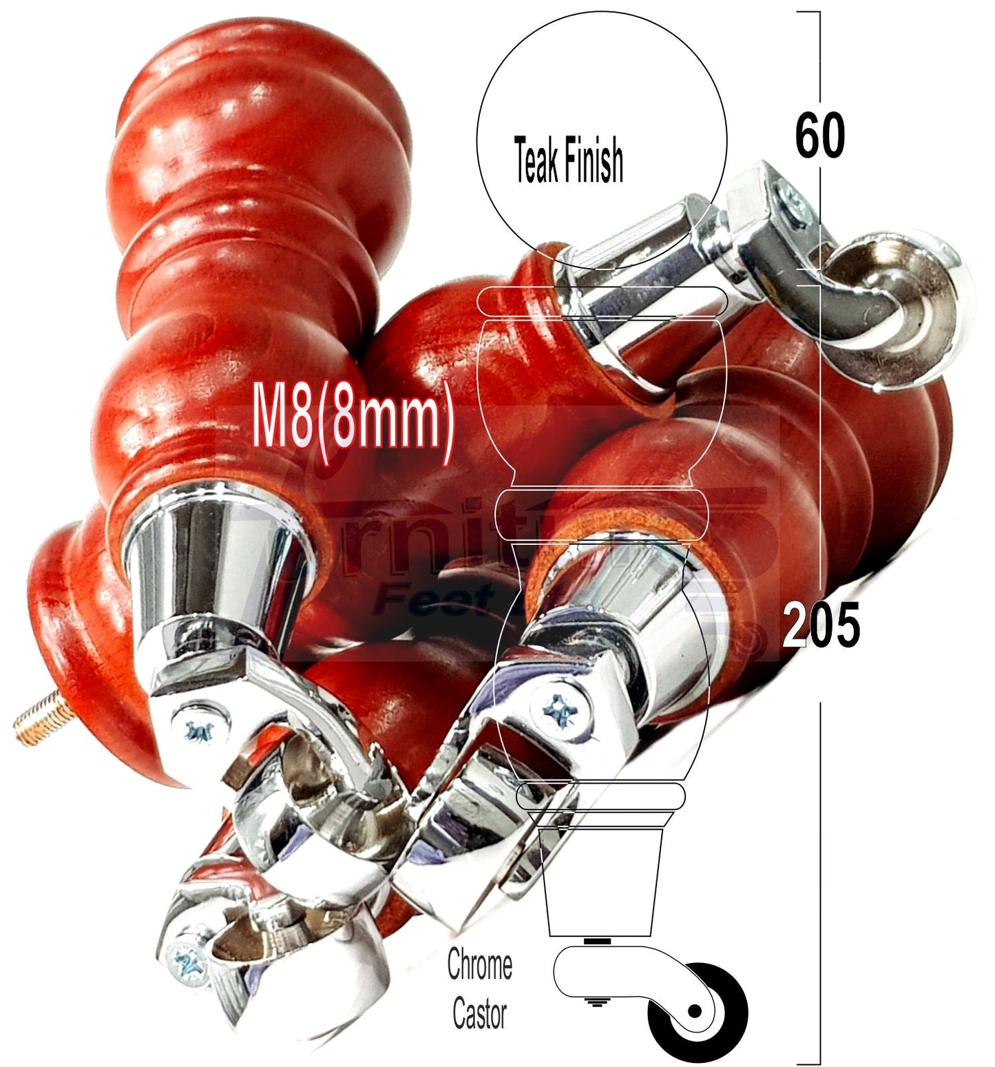 Solid Wood Furniture Feet With Castors Set of 4 Legs 205mm High For Sofas Chairs Stools Cabinets & Beds M8