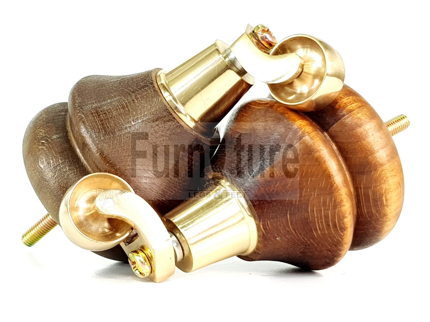 4x Turned Furniture Wood Feet With Brass Castors 140mm Sofas Chairs Settee Cabinets Beds M8(8mm)