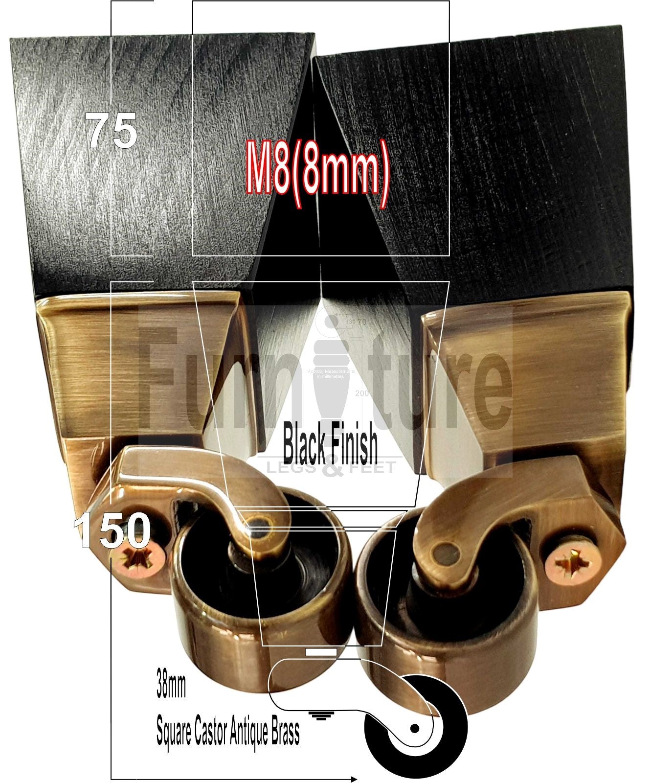 4x Block Wood With Castor Furniture Legs 8mm Thread For Chairs Settees Sofa 150mm