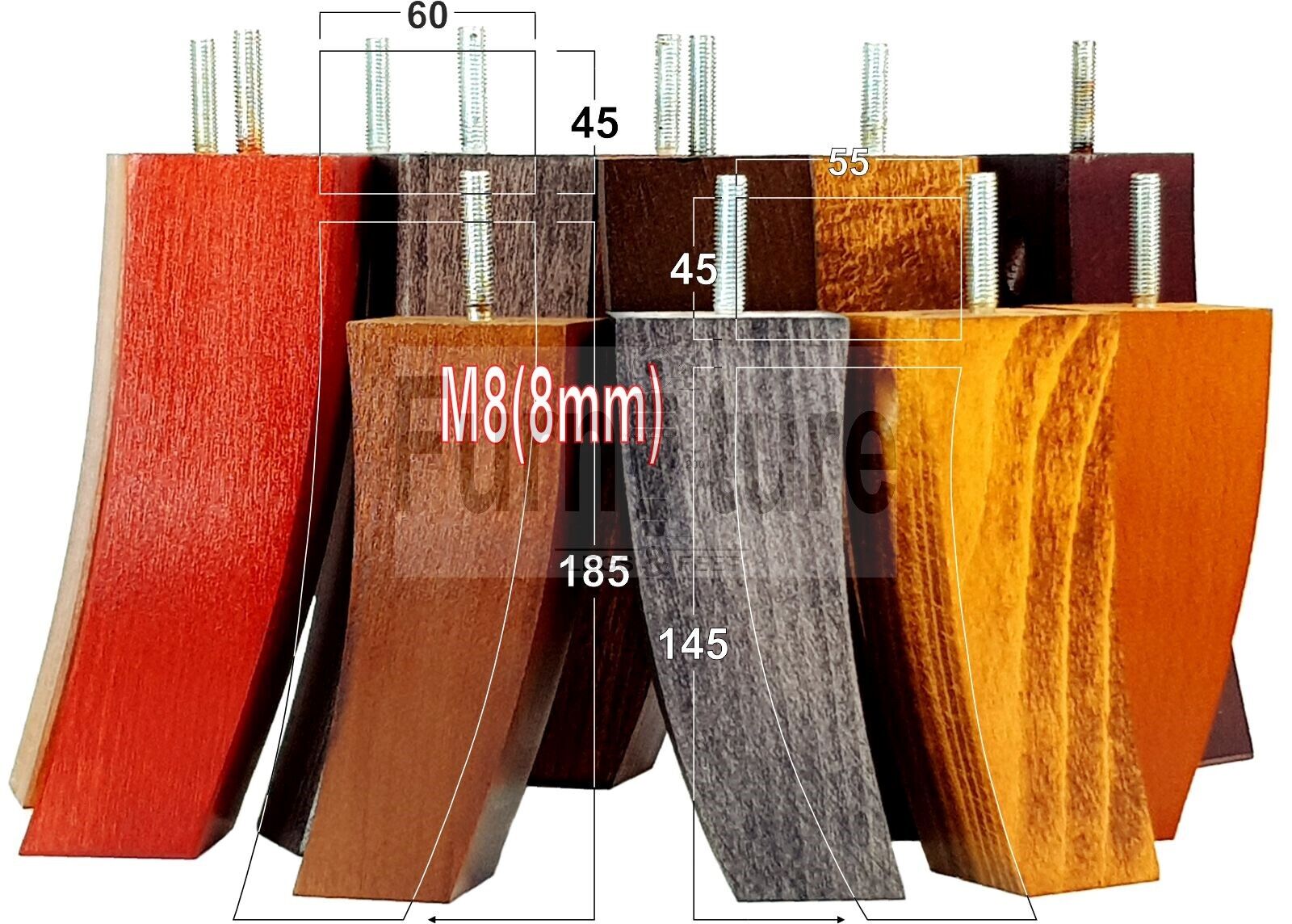 Set Of 4 Solid Wood Curved Furniture Feet Replacement Legs 145mm High M8(8mm)