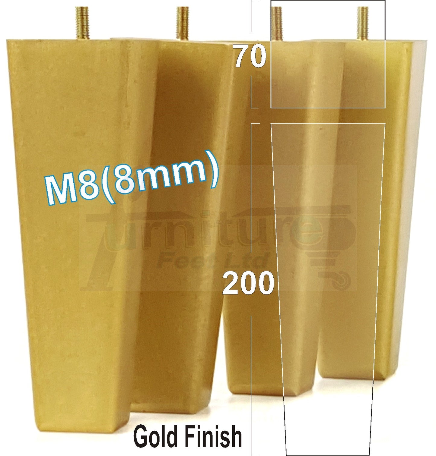 4x Wooden Furniture Legs 200mm High Replacement Square Tapered Feet 8mm Thread