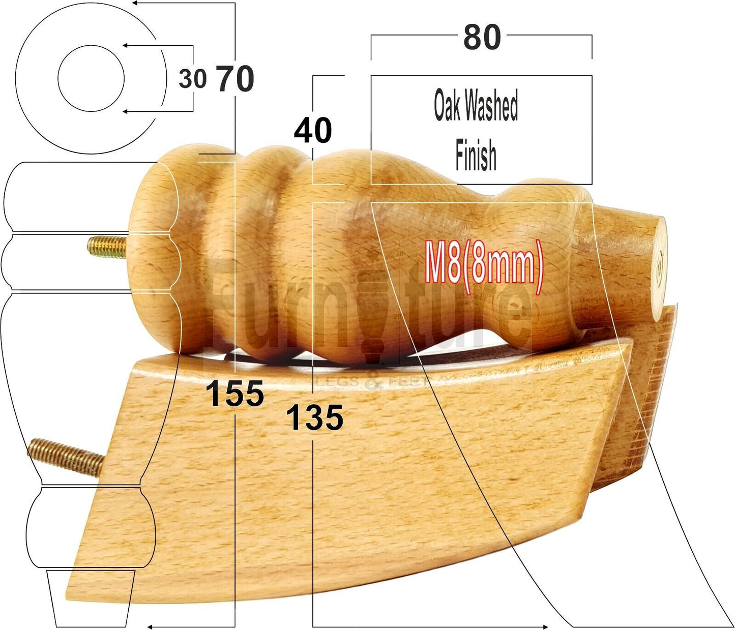 2x Turned Wood Furniture Feet 155mm and 2 Curved Back Legs Sofas Chairs Beds M8 Thread 6 Inches