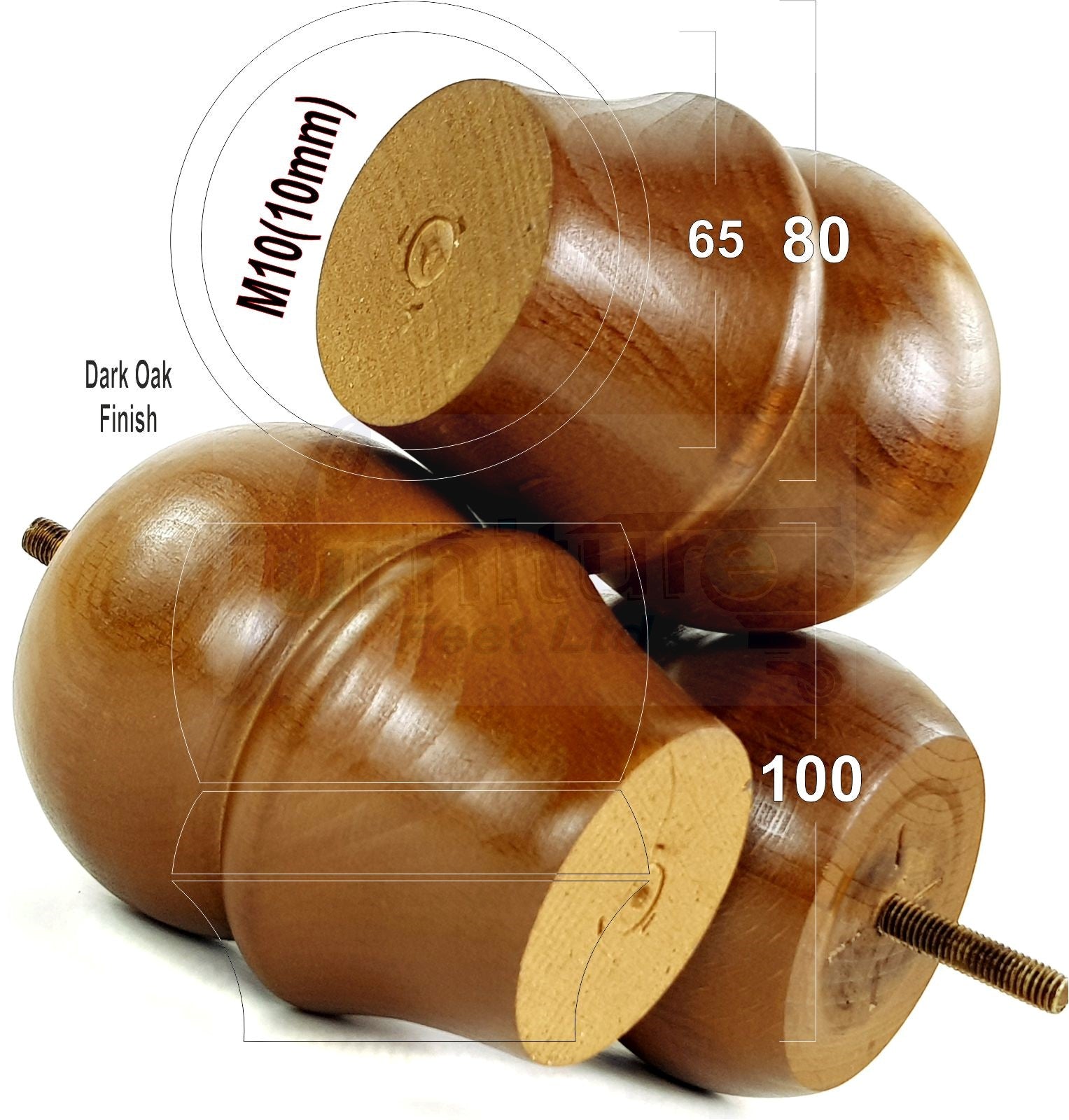 Set Of 4 Solid Wood Turned Furniture Legs Replacement Bun Feet 100mm High 10mm Thread