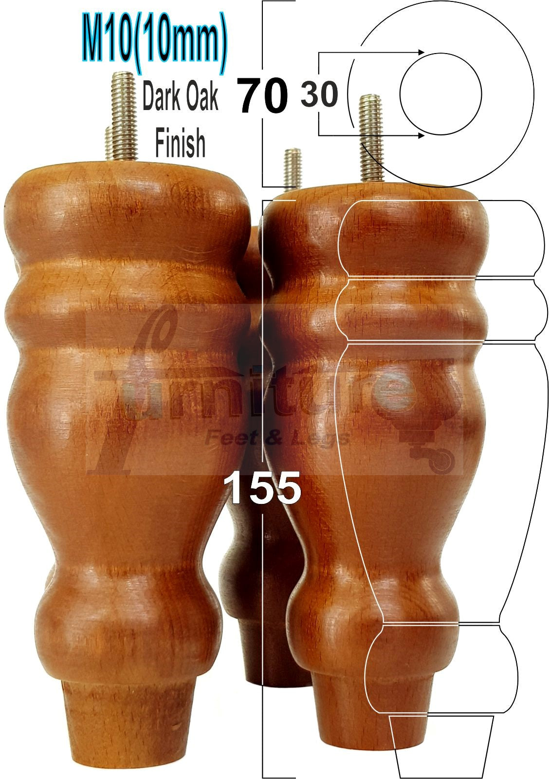 Set Of 4 Turned Wood Furniture Legs Replacement Sofa, Chair Feet 155mm High M10 Tread