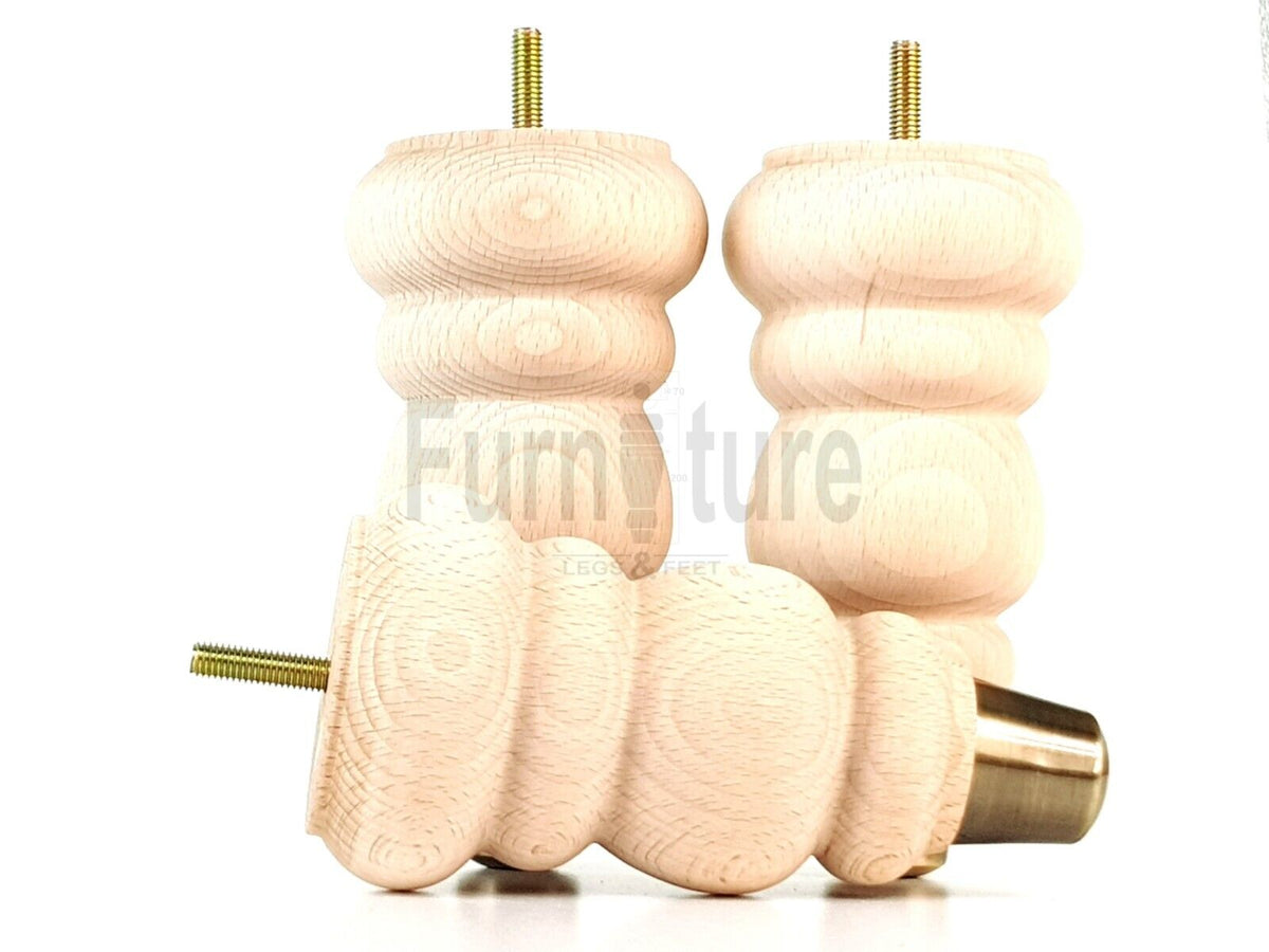 4x Round and Turned Wood Furniture Legs With Brass Slipper Cups Replacement Feet 165mm High M8 Thread