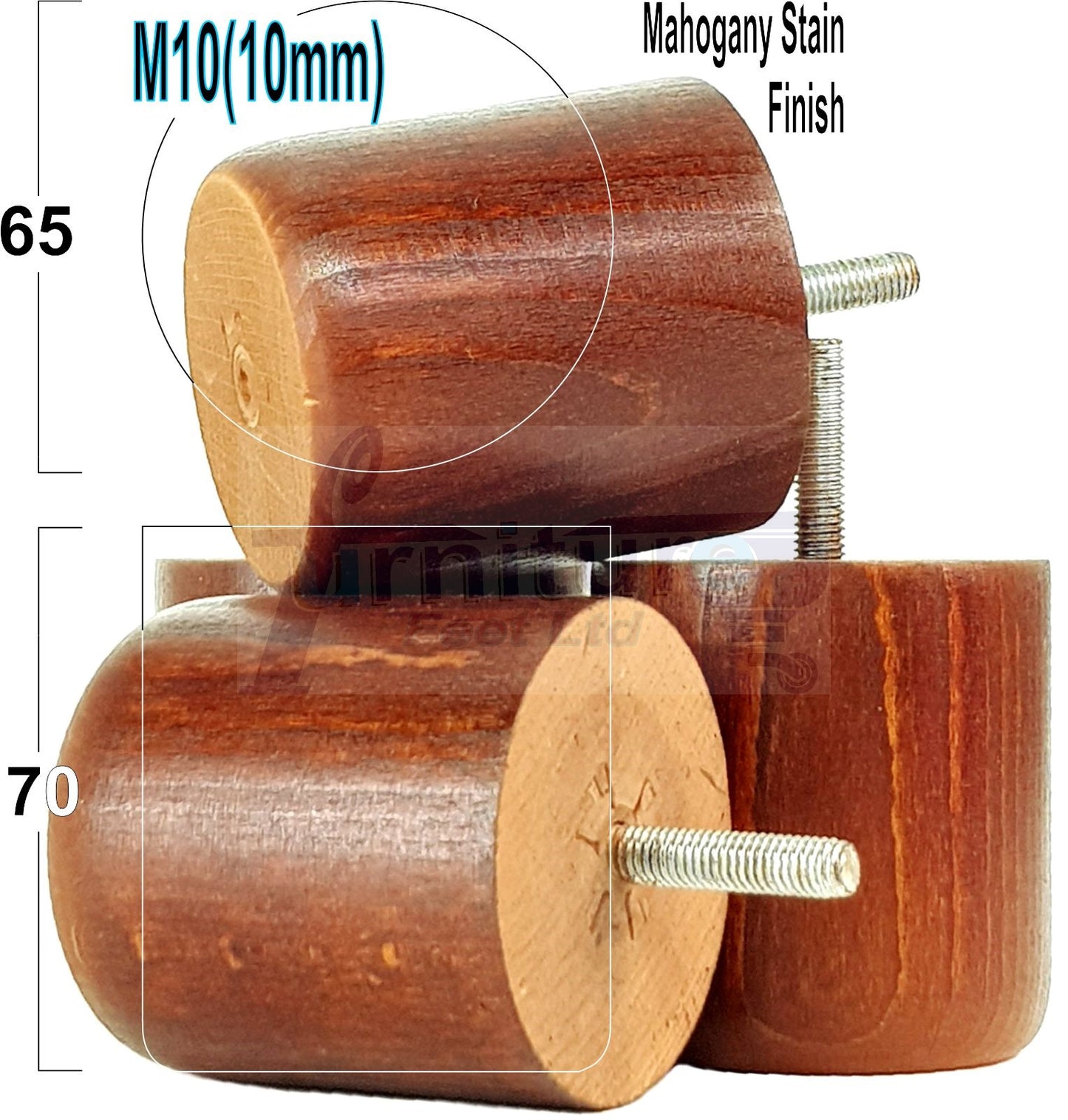 4x Solid Wood Turned Furniture Legs Replacement Bun Feet 70mm High 10mm Thread
