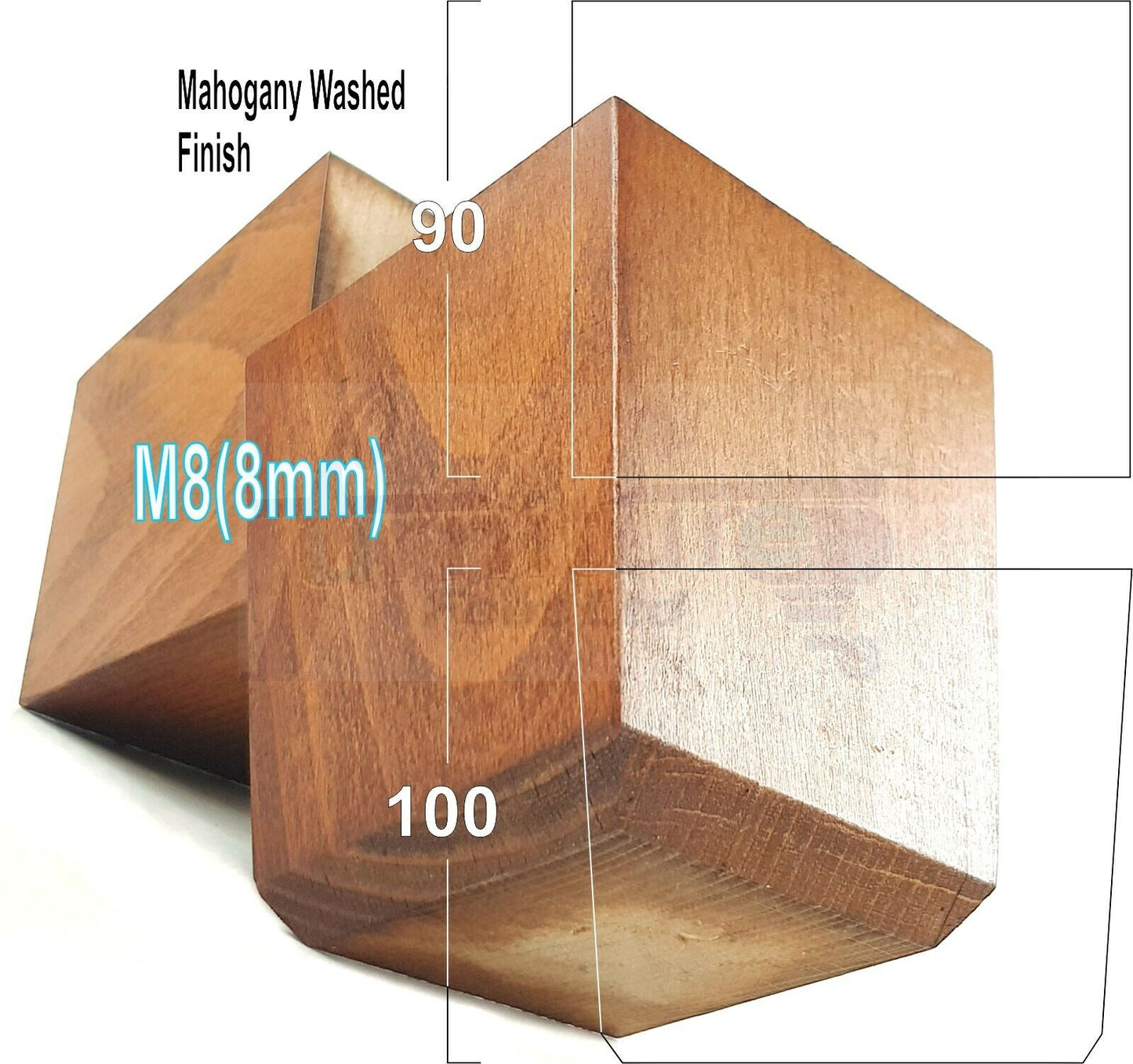4x Solid Wood Square Furniture Legs Block Replacement Feet 100mm M8(8mm)