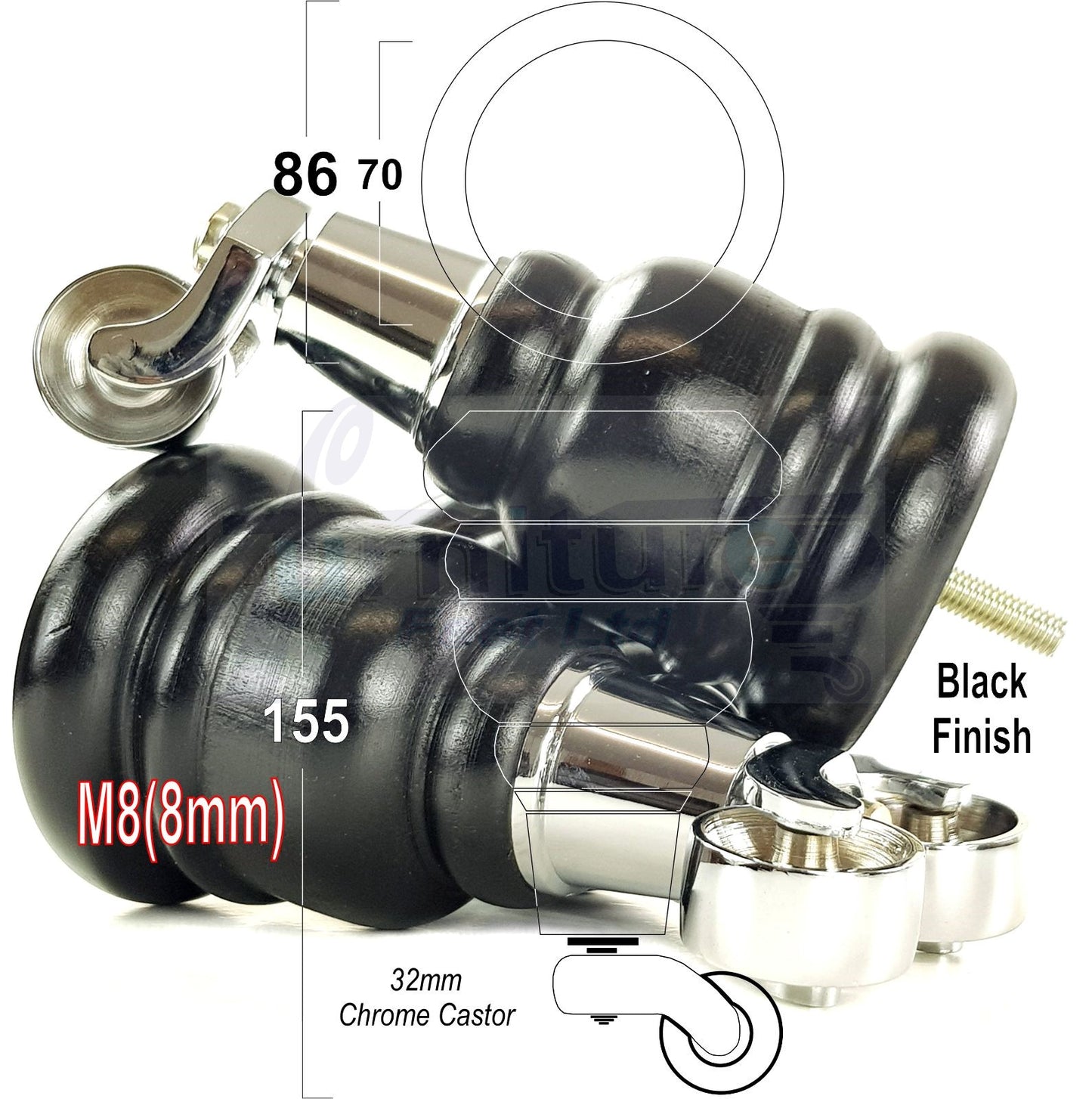 4 Turned Wood Furniture Feet With Chrome Castors 155mm Legs Sofas Chairs Stools Cabinets Beds M8 6 Inches