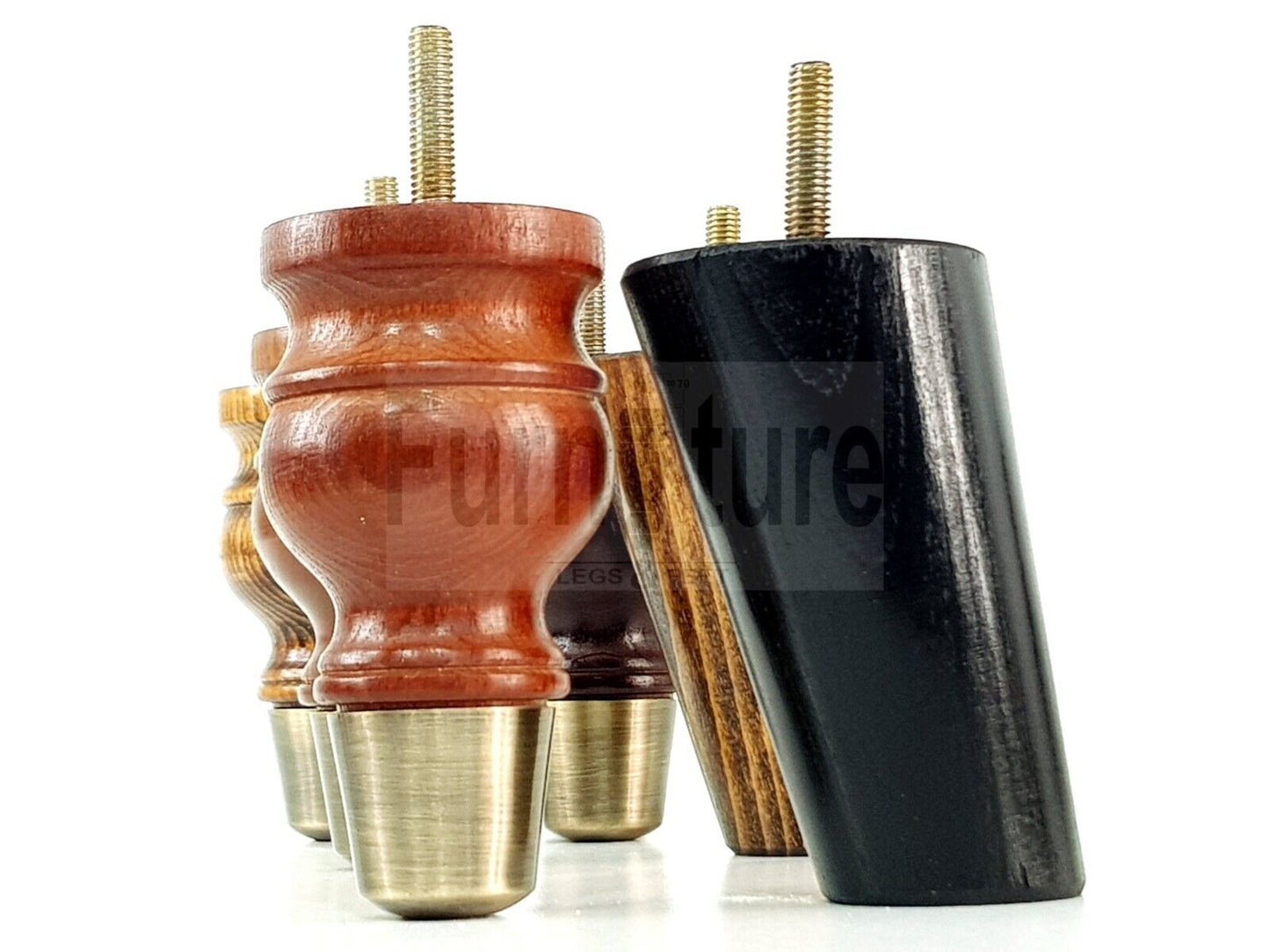 2x Turned Wood Furniture Feet Antique Brass Slipper Cup 2x Curved Back Legs M8 Chair Sofa Settee Legs 110mm