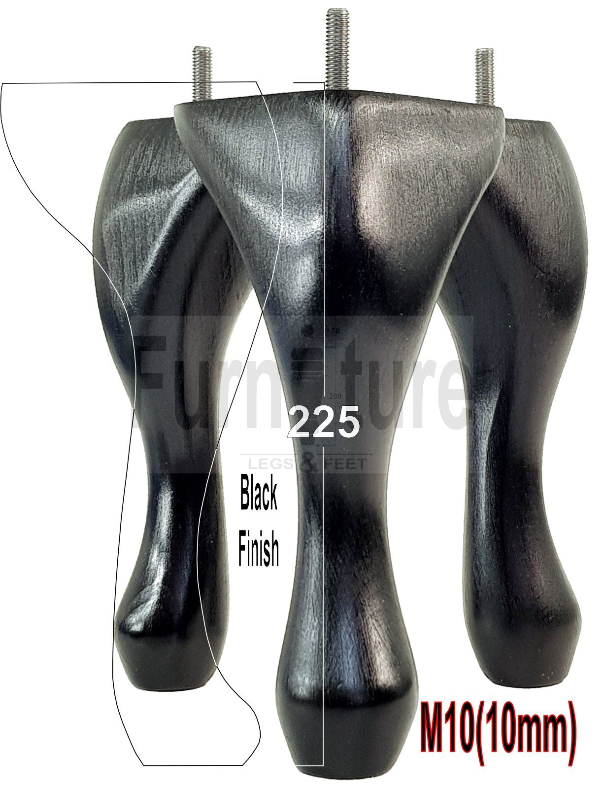 4 Solid Wood Furniture Legs 225mm High Queen Anne Replacement Feet Chairs Settees Sofas M10 Thread