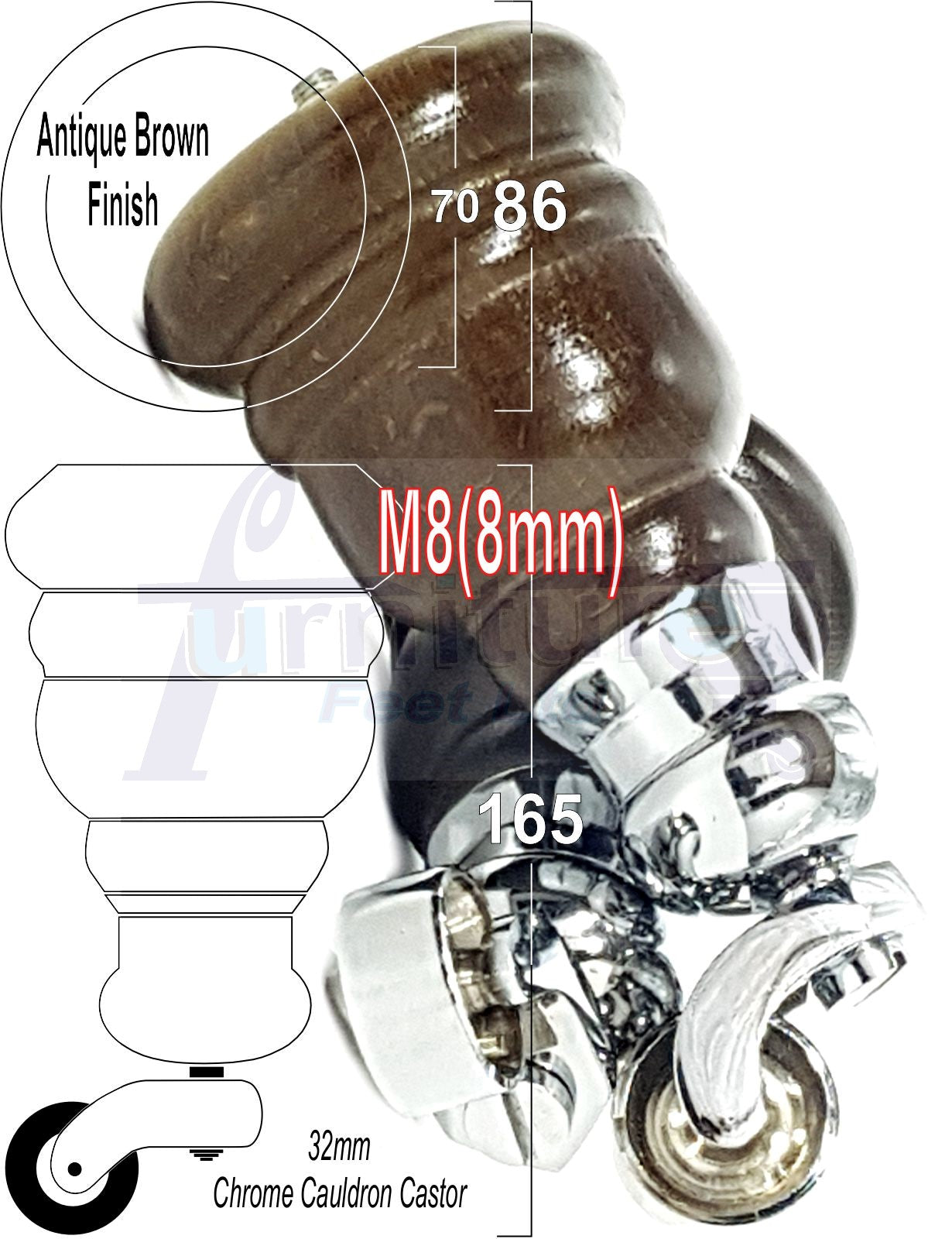 4 Turned Wood Furniture Feet With Chrome Cauldron Castors 155mm Legs Sofas Chairs Stools Cabinets Beds M8 6 Inches