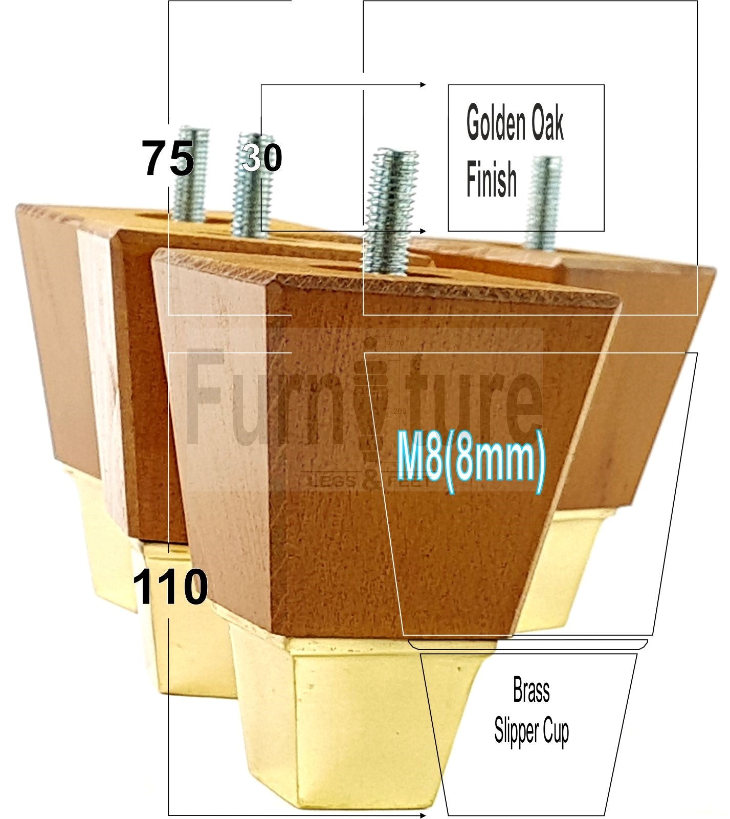 4x Block Wood With A Brass Slipper Cup Furniture Chair Settee Legs M8 Sofa Feet 110mm
