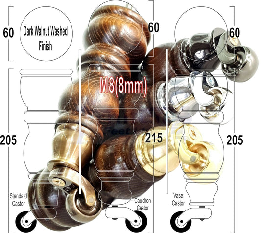 4x Furniture Feet With Castor 205mm High Legs Walnut Wood Finish M8 Sofas Chairs Stools Cabinets 8 Inches Tall