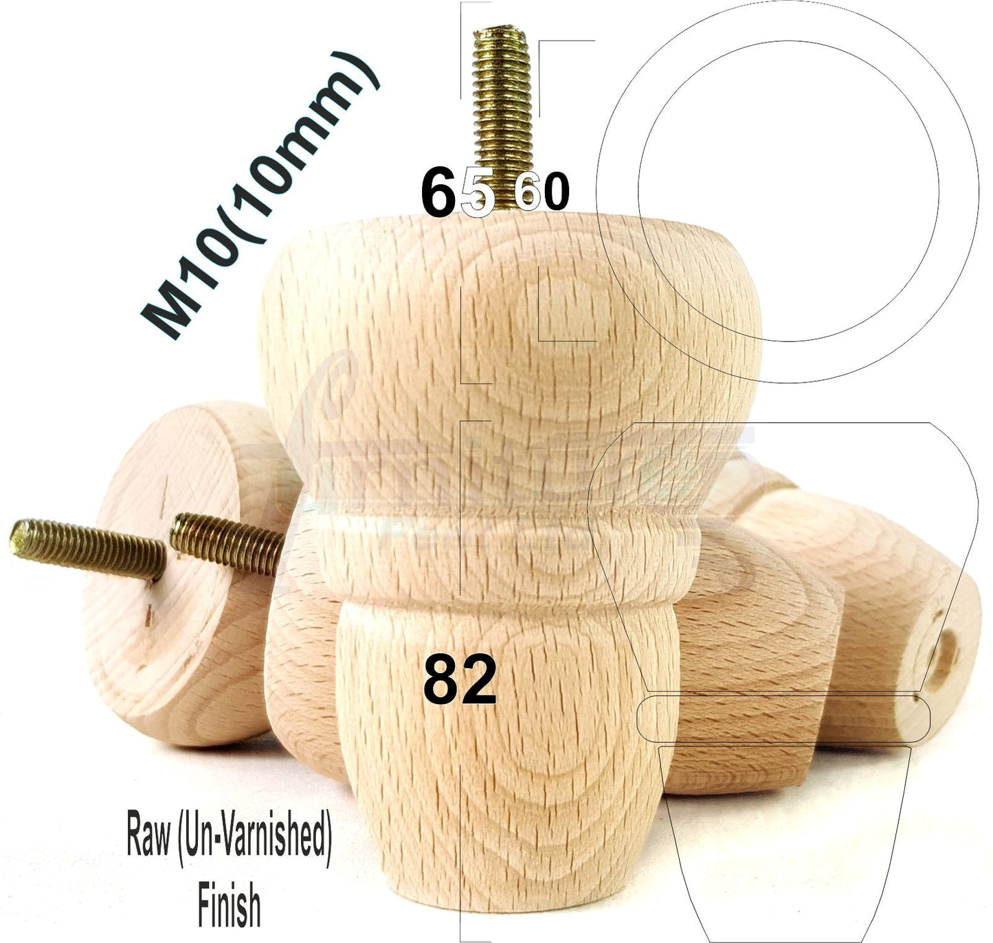 4x Turned Wood Repacement Furniture Legs M10 Thread Sofa Chair Settee Feet 82mm