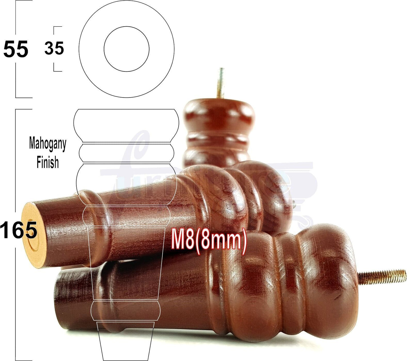 4 Wood Turned Furniture Legs Replacement Bun Feet 165mm High Multiple Colours 6.5 Inches Chairs Stools Sofa's Beds Settee Cabinets M8