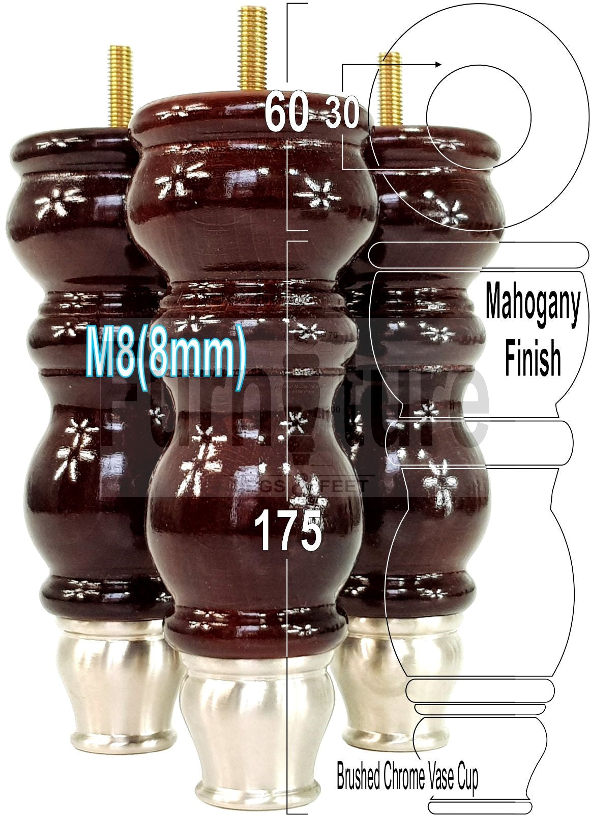 4x Furniture Feet With Slipper Cup 175mm High Legs Mahogany Finish Wood M8 Sofas Chairs Cabinets