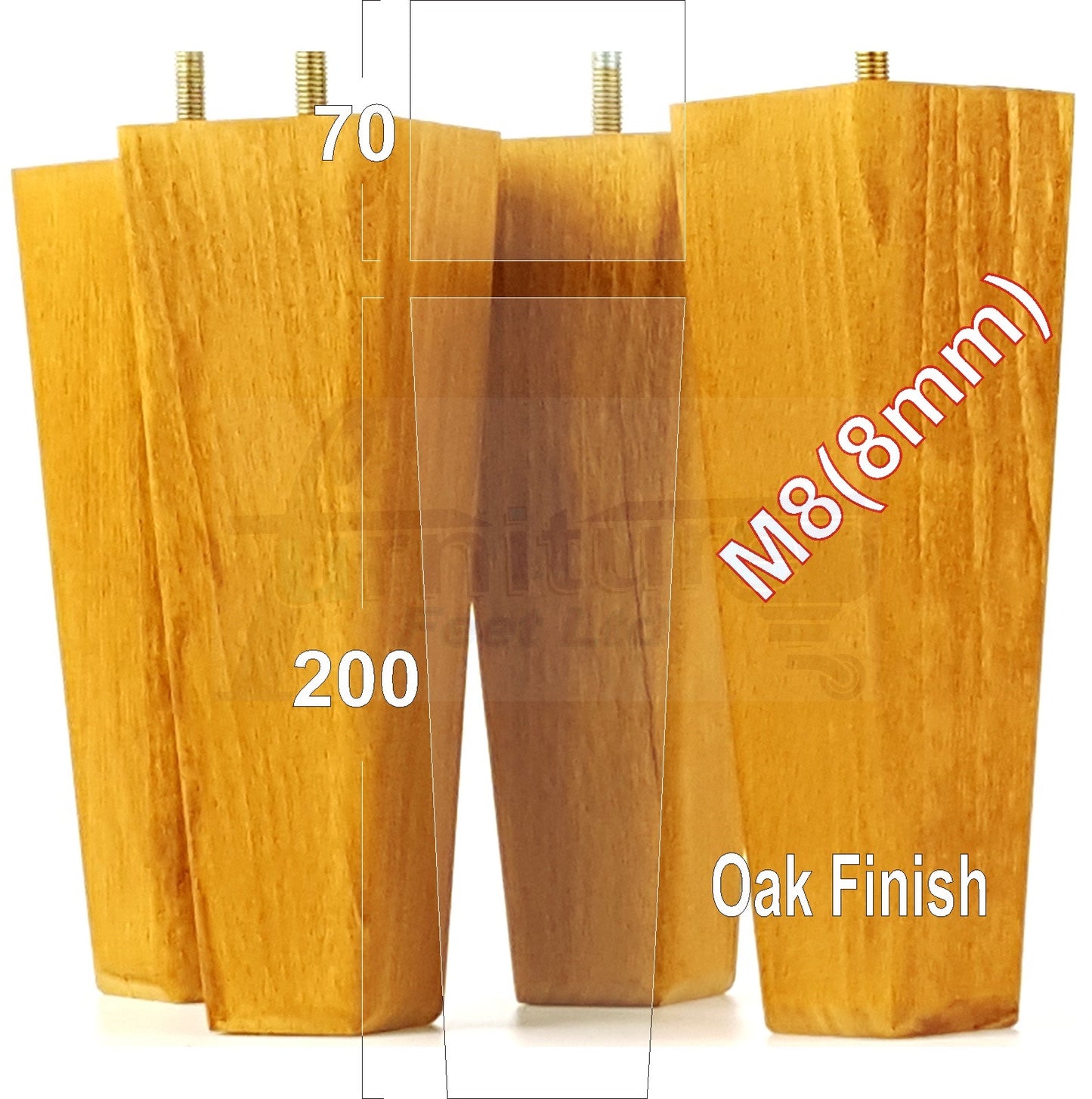 4x Wooden Furniture Legs 200mm High Replacement Square Tapered Feet 8mm
