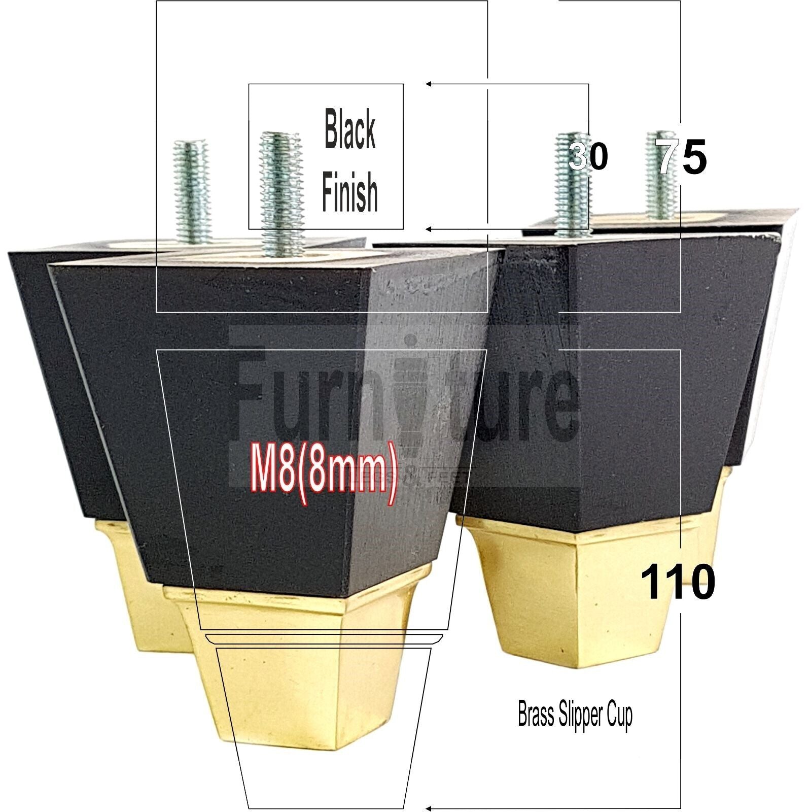 4x Block Wood With A Brass Slipper Cup Furniture Chair Settee Legs M8 Sofa Feet 110mm