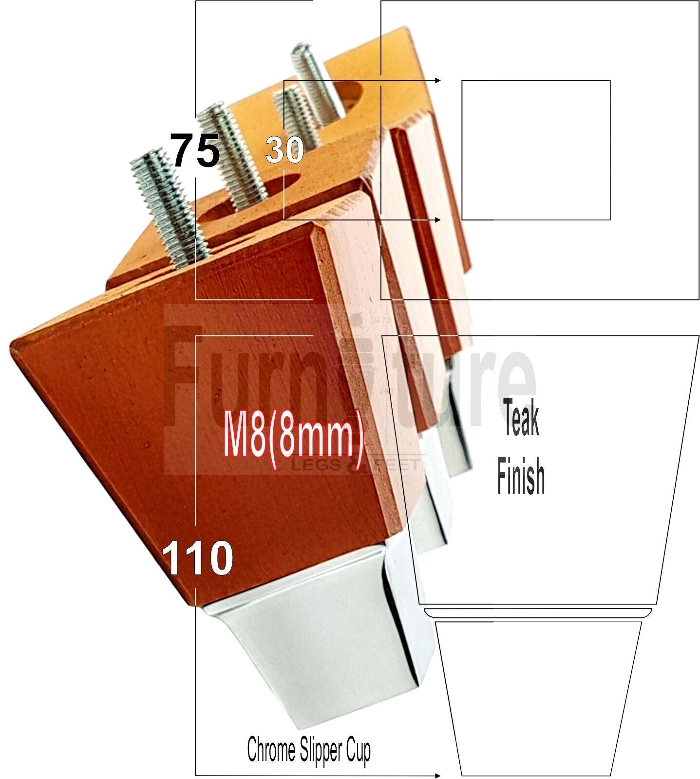 4x Block Wood With A Chrome Slipper Cup Furniture Chair Settee Legs M8 Sofa Feet 110mm