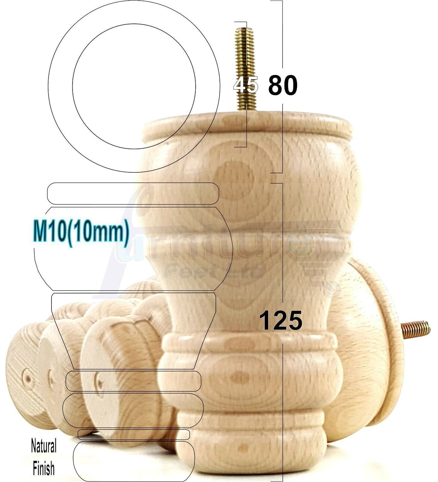4 Turned Wood Furniture Legs M10 Thread Replacement Feet 125mm High Sofa Chairs Beds