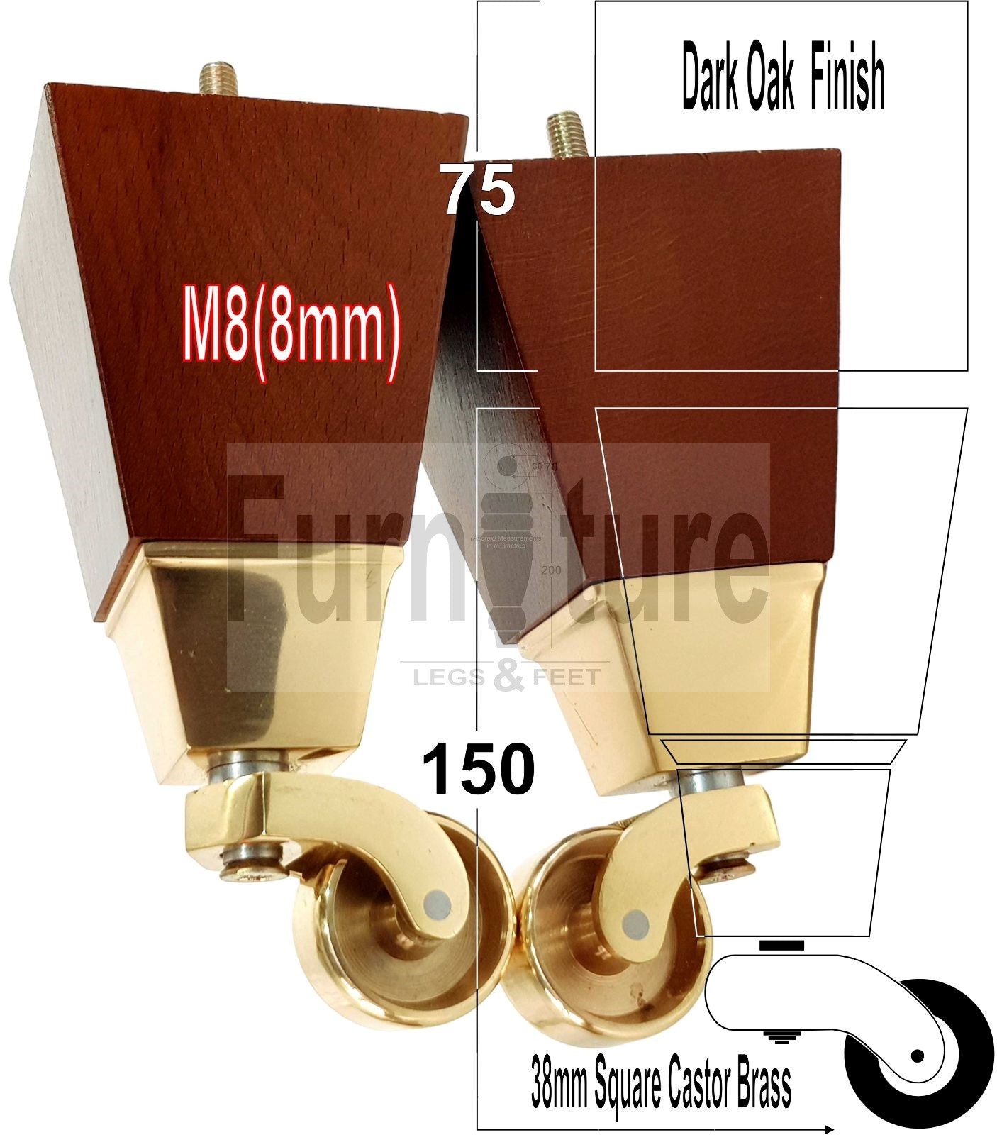 4x Block Wood With Castor Dark Oak Furniture Legs 8mm Thread For Chairs Settees Sofa 150mm High