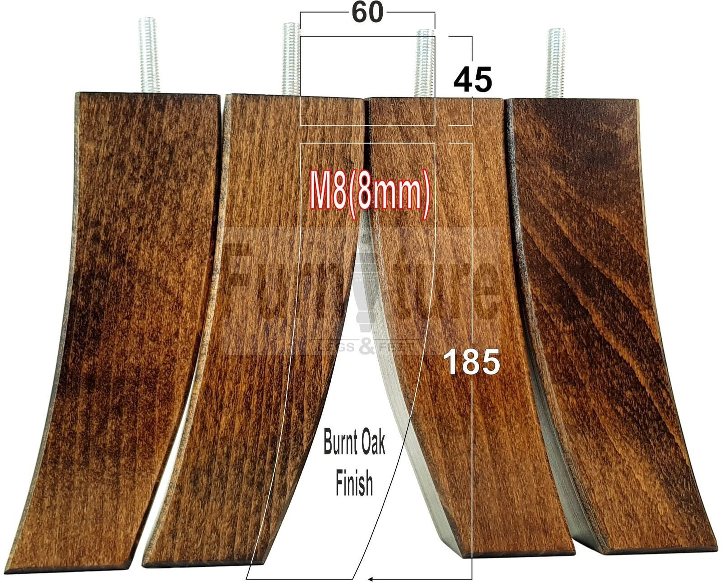 Set Of 4 Solid Wood Curved Furniture Feet Replacement Legs 185mm High M8(8mm)