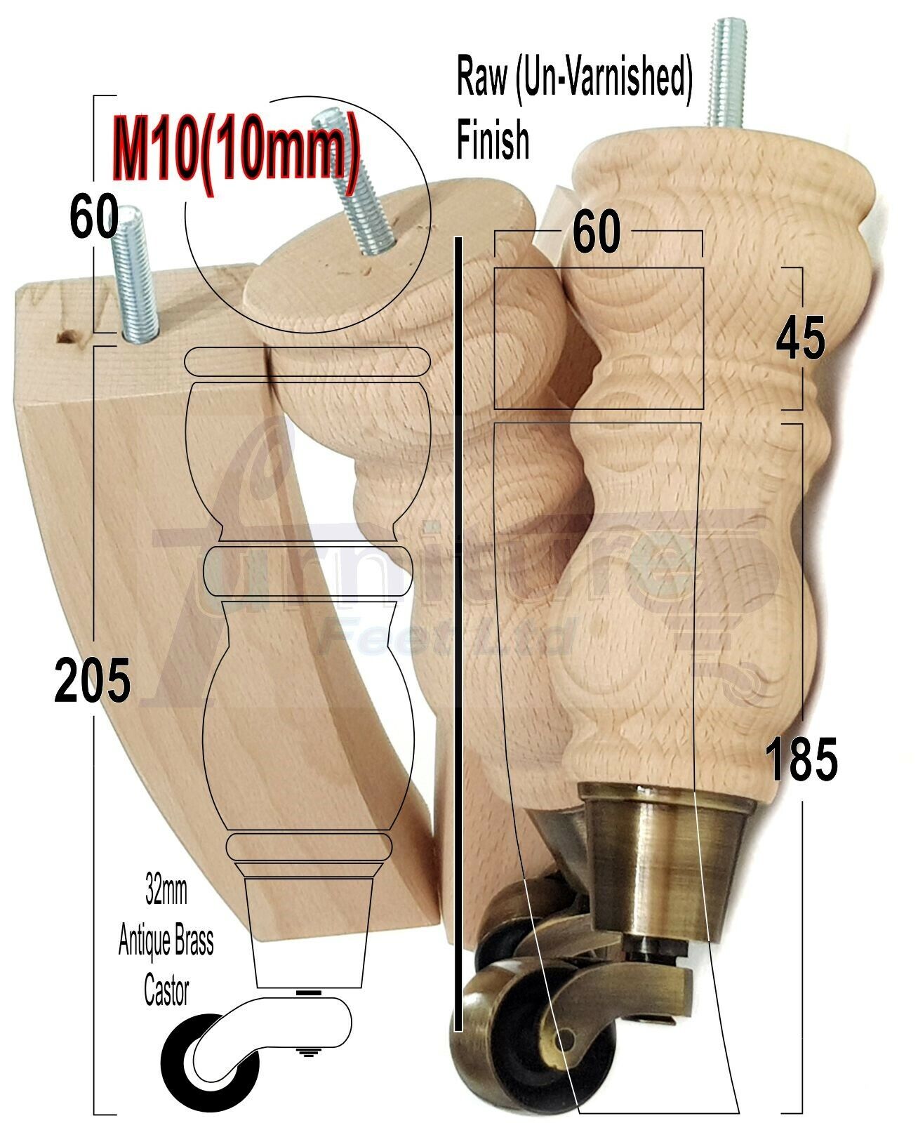 2x Wood Furniture Castor Settee Feet & 2x Curved Legs 10mm Thread 205mm High Raw (Un-Varnished) For Sofas Chairs Stools Cabinets & Beds