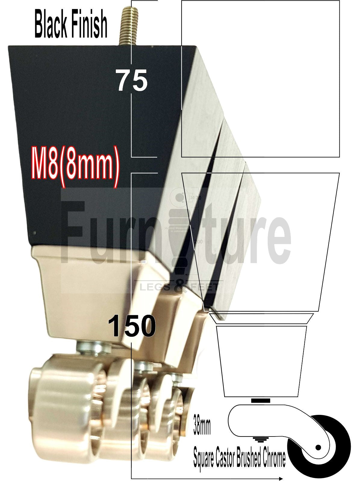 4x Block Wood With Castor Furniture Legs 8mm Thread For Chairs Settees Sofa 150mm