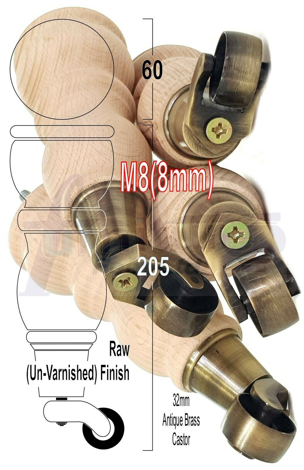 4x Furniture Feet With Castor 205mm High Legs Raw Wood M8 Sofas Chairs Stools Cabinets 8 Inches Tall